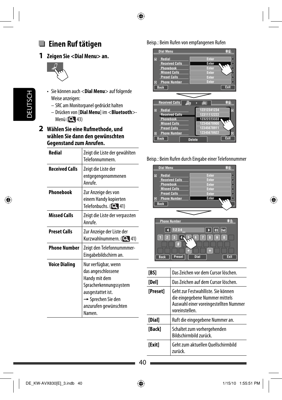 Einen ruf tätigen, 40 deutsch, Zeigen sie <dial menu> an | JVC KW-AVX830 User Manual | Page 108 / 279
