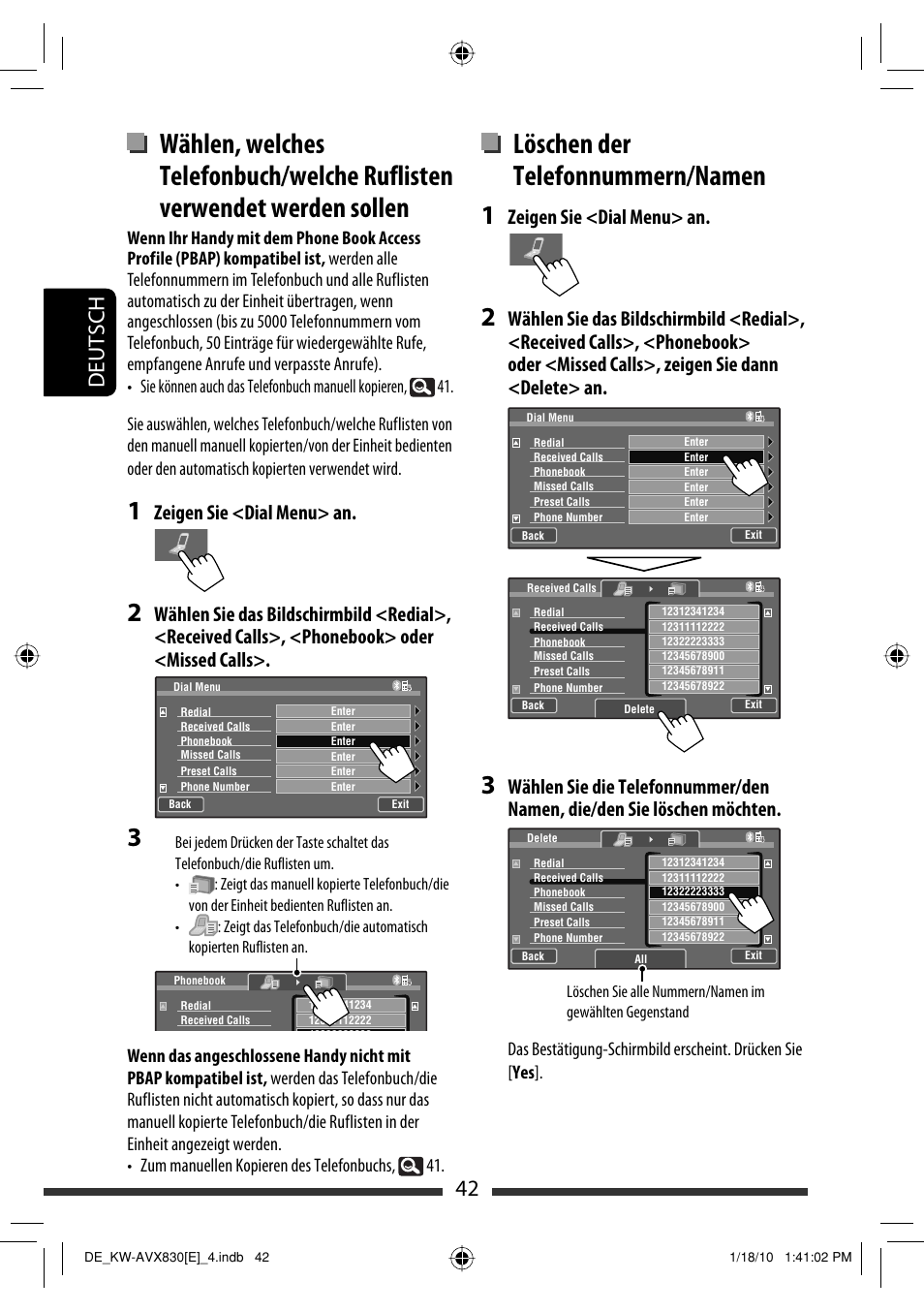 Löschen der telefonnummern/namen, 42 deutsch, Zeigen sie <dial menu> an | JVC KW-AVX830 User Manual | Page 110 / 279