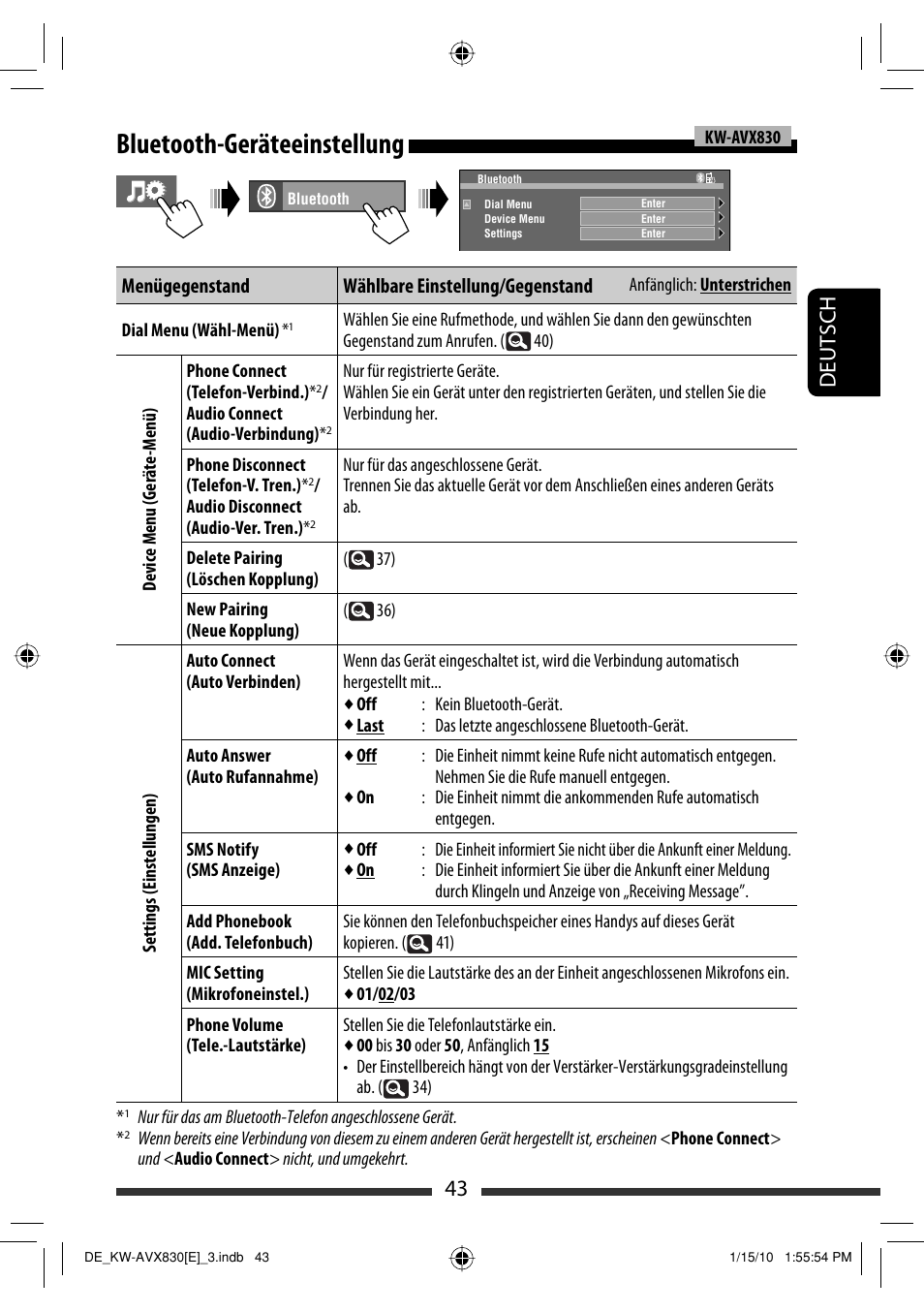 Bluetooth-geräteeinstellung, 43 deutsch | JVC KW-AVX830 User Manual | Page 111 / 279