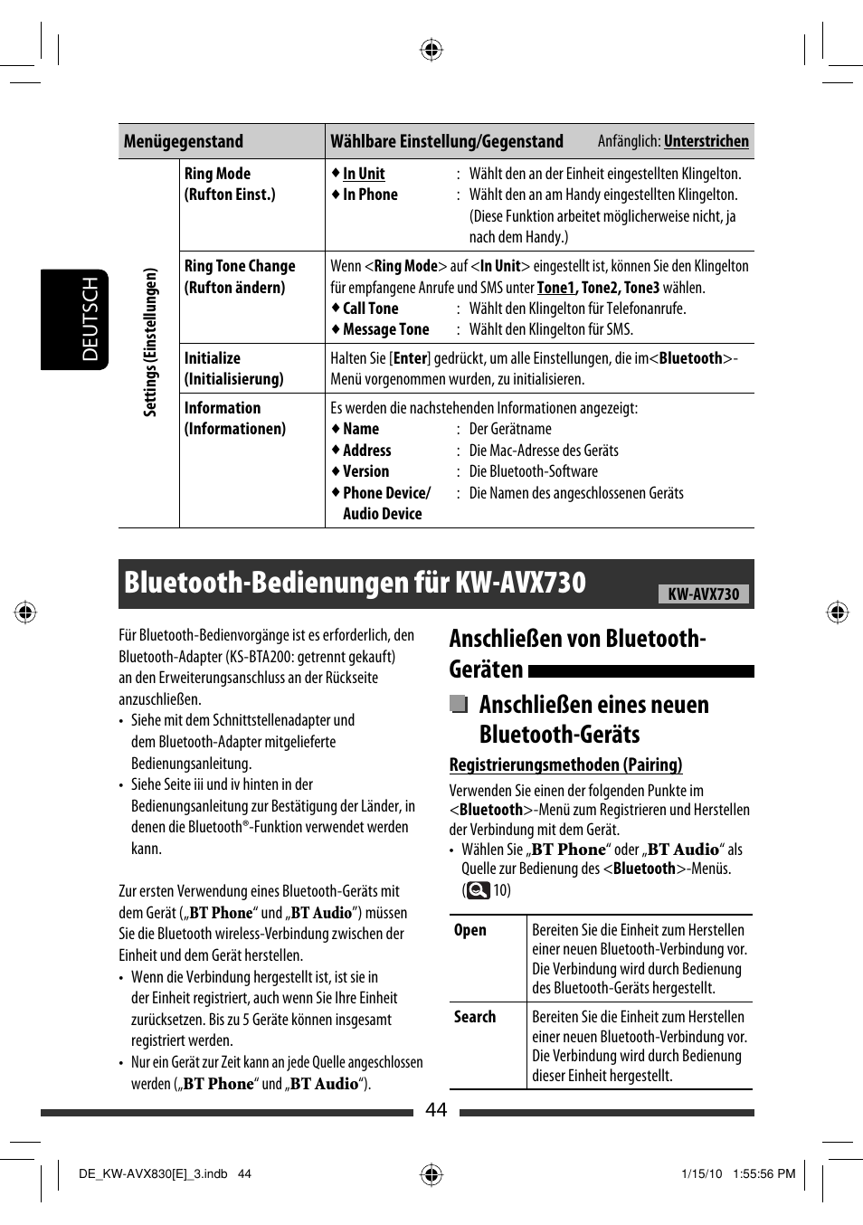Bluetooth-bedienungen für kw-avx730, 44 deutsch | JVC KW-AVX830 User Manual | Page 112 / 279
