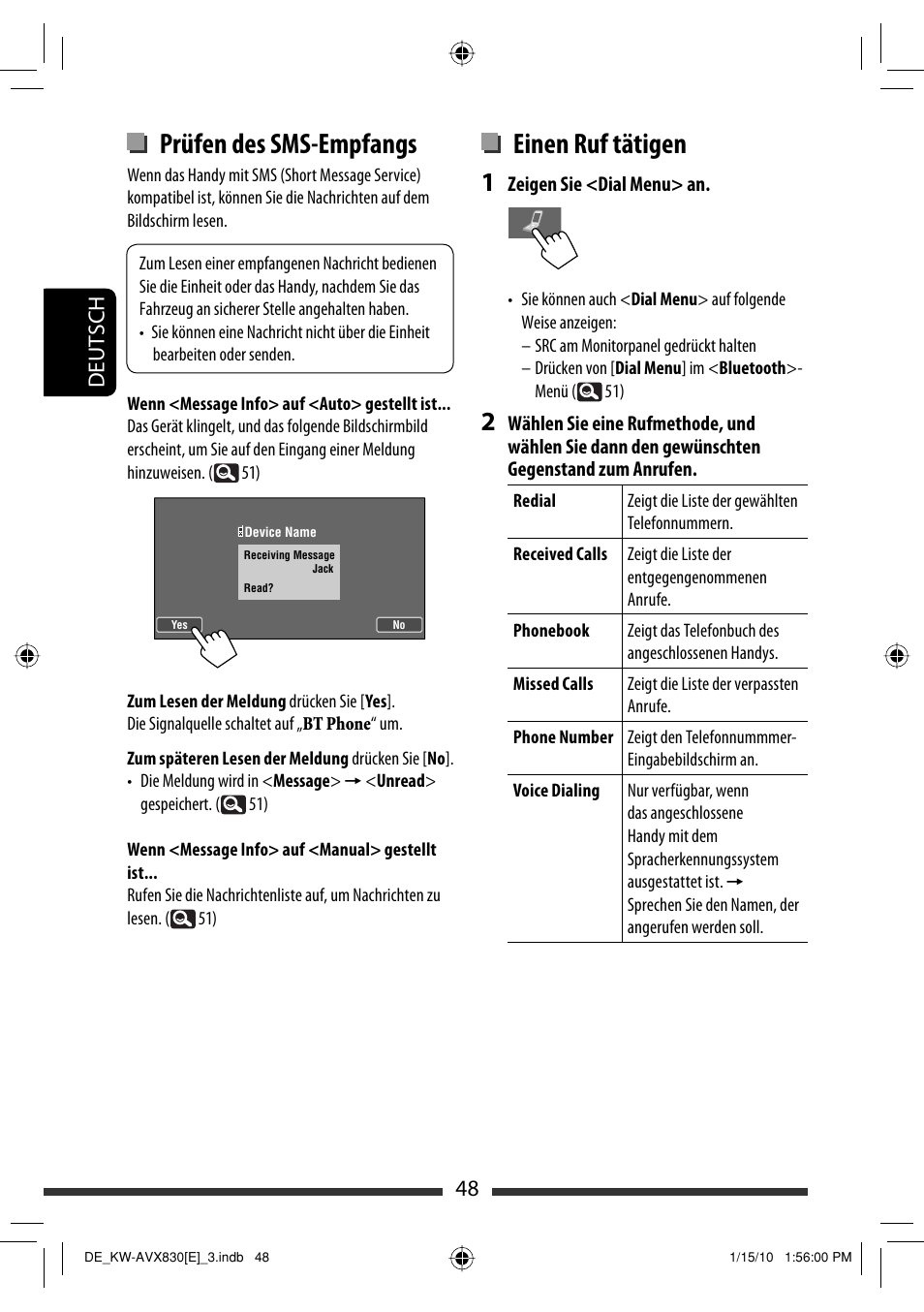 Einen ruf tätigen, Prüfen des sms-empfangs, 48 deutsch | JVC KW-AVX830 User Manual | Page 116 / 279