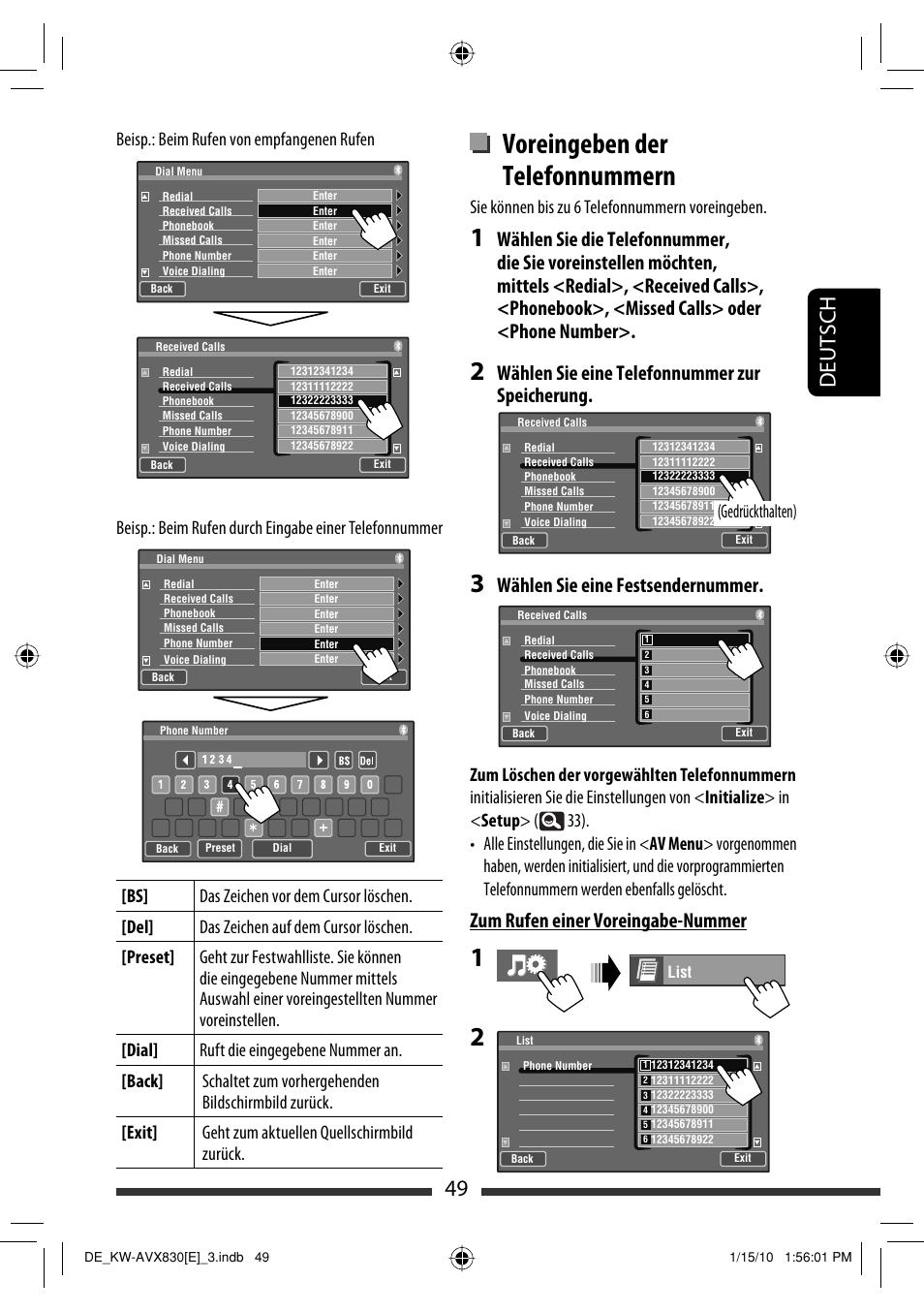 Voreingeben der telefonnummern, 49 deutsch, Wählen sie eine telefonnummer zur speicherung | Wählen sie eine festsendernummer, Zum rufen einer voreingabe-nummer, Sie können bis zu 6 telefonnummern voreingeben, Gedrückthalten) | JVC KW-AVX830 User Manual | Page 117 / 279