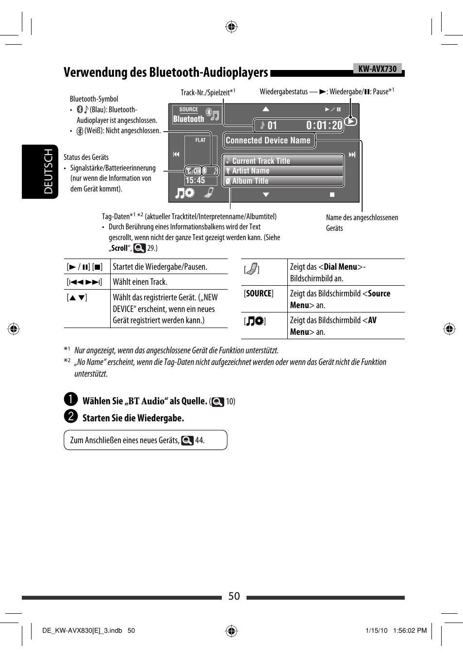 Verwendung des bluetooth-audioplayers, 50 deutsch | JVC KW-AVX830 User Manual | Page 118 / 279