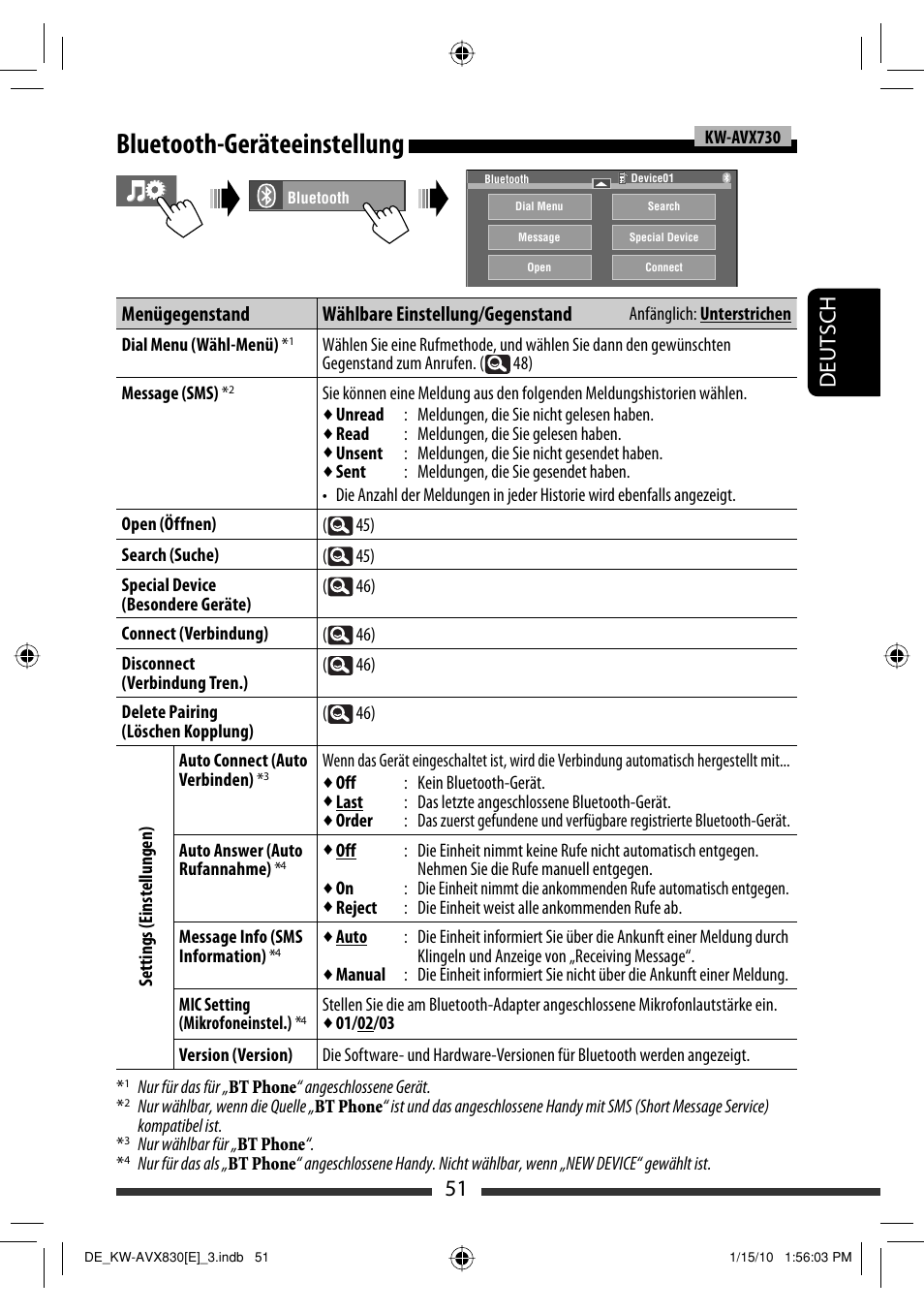 Bluetooth-geräteeinstellung, 51 deutsch, Menügegenstand wählbare einstellung/gegenstand | JVC KW-AVX830 User Manual | Page 119 / 279