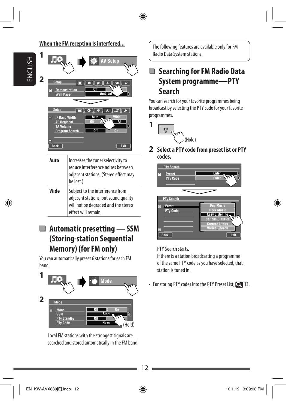12 english, When the fm reception is interfered, Select a pty code from preset list or pty codes | JVC KW-AVX830 User Manual | Page 12 / 279