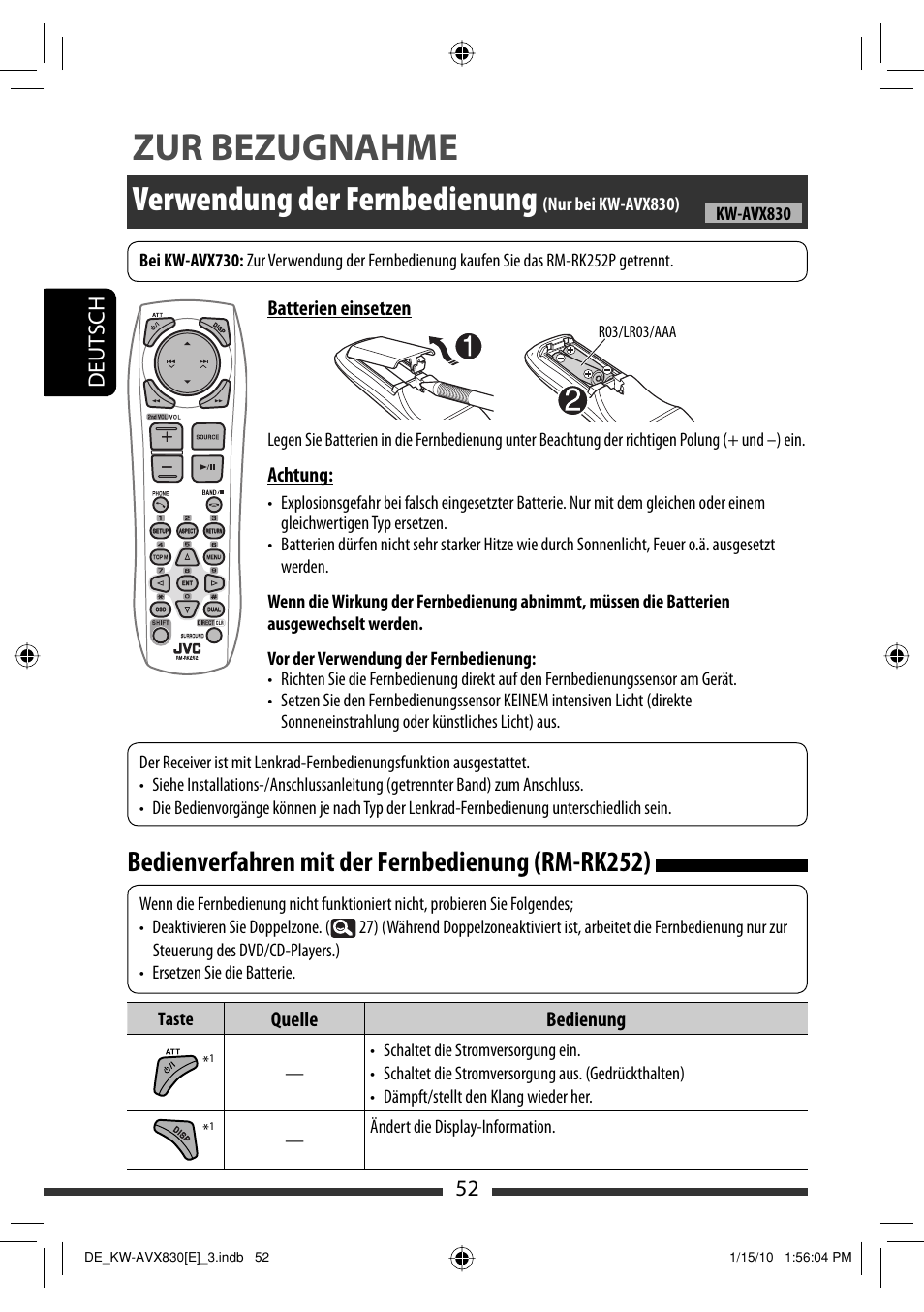Zur bezugnahme, Verwendung der fernbedienung, Bedienverfahren mit der fernbedienung (rm-rk252) | 52 deut sch | JVC KW-AVX830 User Manual | Page 120 / 279