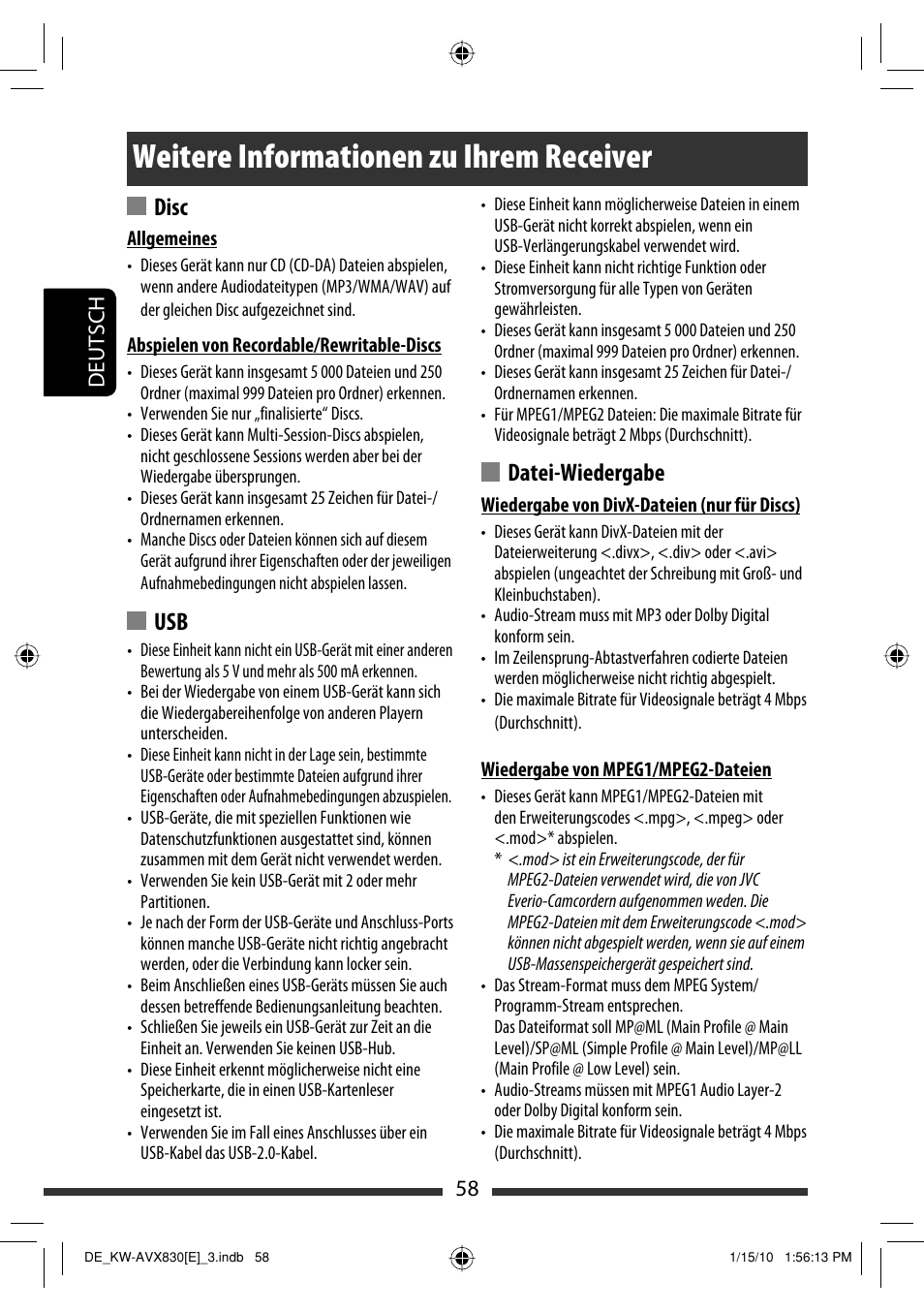 Weitere informationen zu ihrem receiver, Datei-wiedergabe, Disc | 58 deutsch | JVC KW-AVX830 User Manual | Page 126 / 279