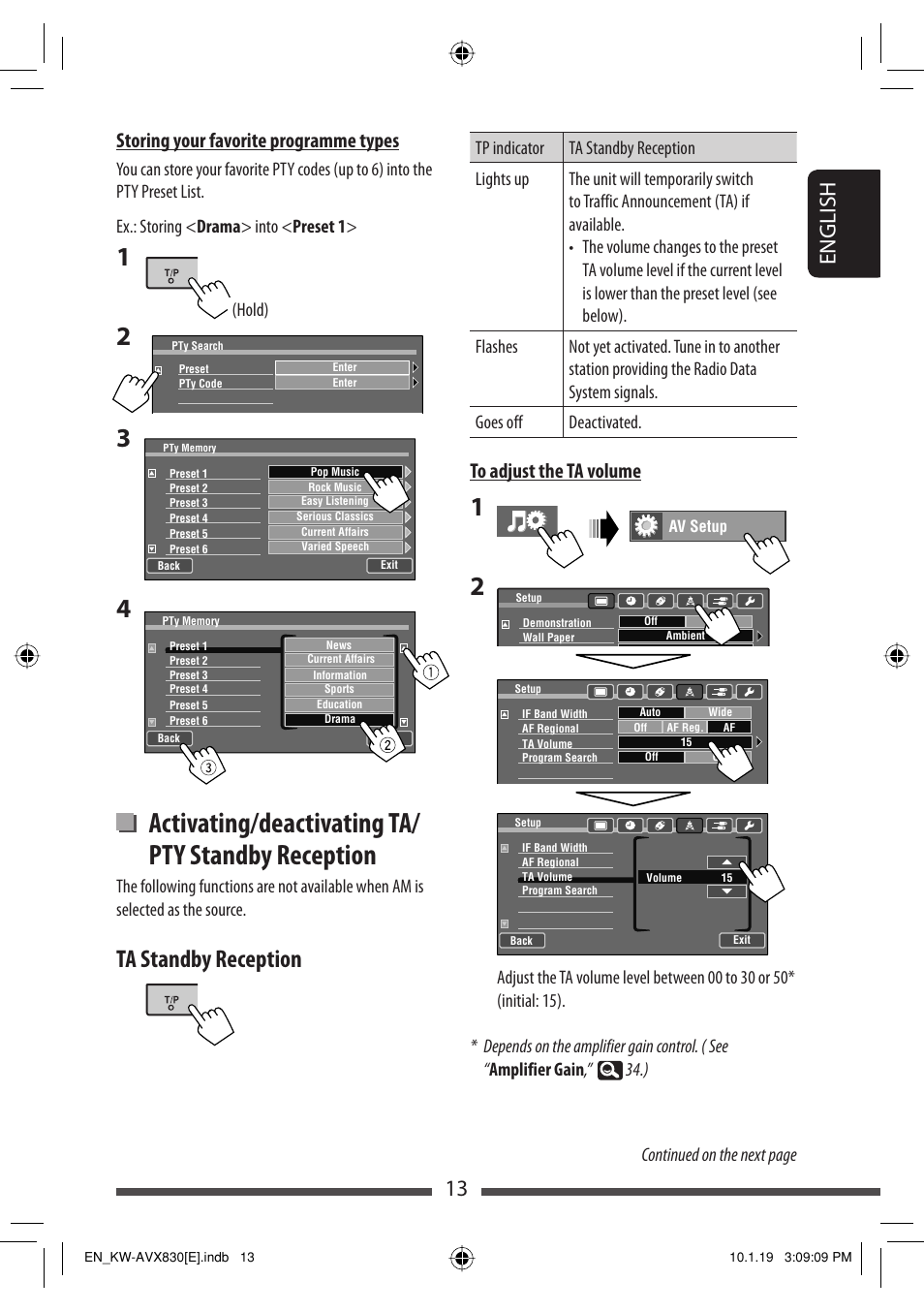 Activating/deactivating ta/ pty standby reception, Ta standby reception, 13 english | Storing your favorite programme types, Continued on the next page, Hold) | JVC KW-AVX830 User Manual | Page 13 / 279