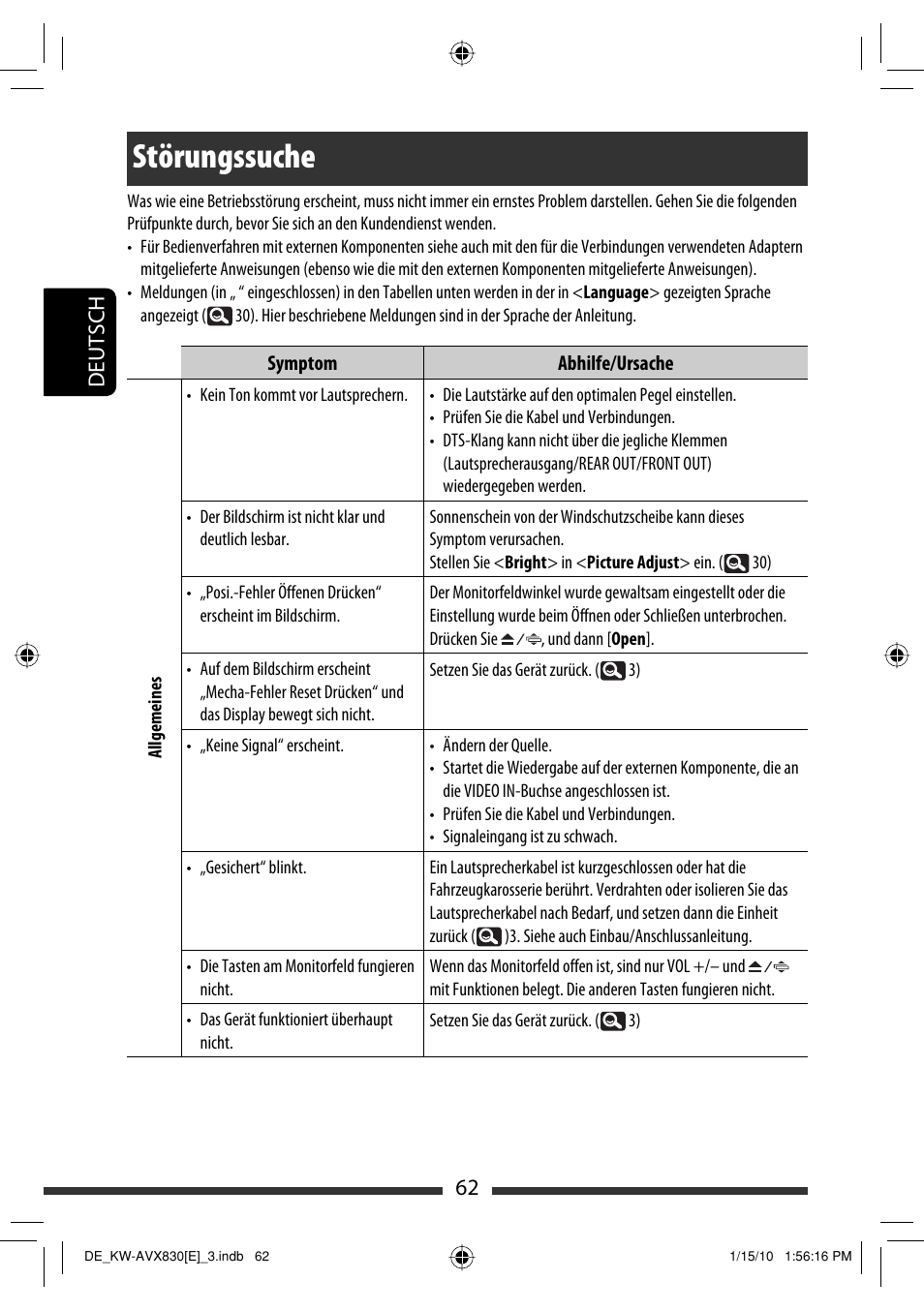 Störungssuche, 62 deutsch | JVC KW-AVX830 User Manual | Page 130 / 279