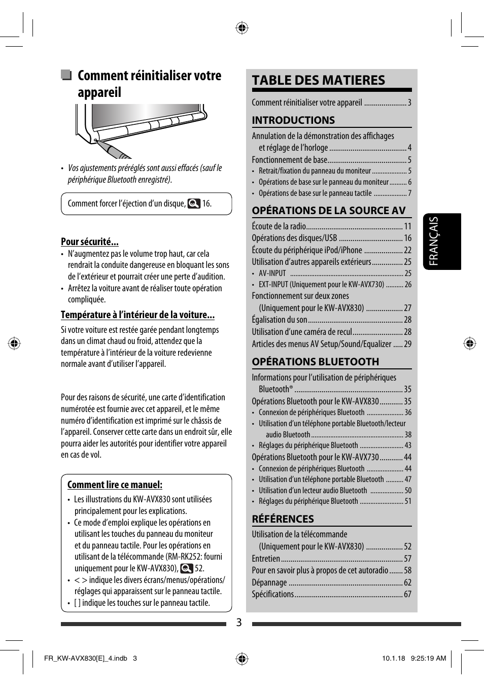 Comment réinitialiser votre appareil, Table des matieres, 3français | JVC KW-AVX830 User Manual | Page 139 / 279