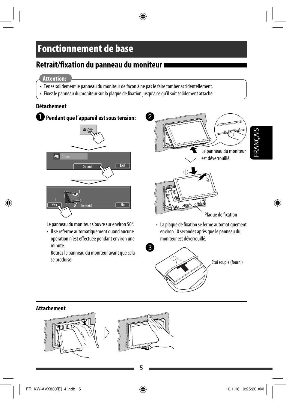 Fonctionnement de base, Retrait/fixation du panneau du moniteur, 5français | JVC KW-AVX830 User Manual | Page 141 / 279