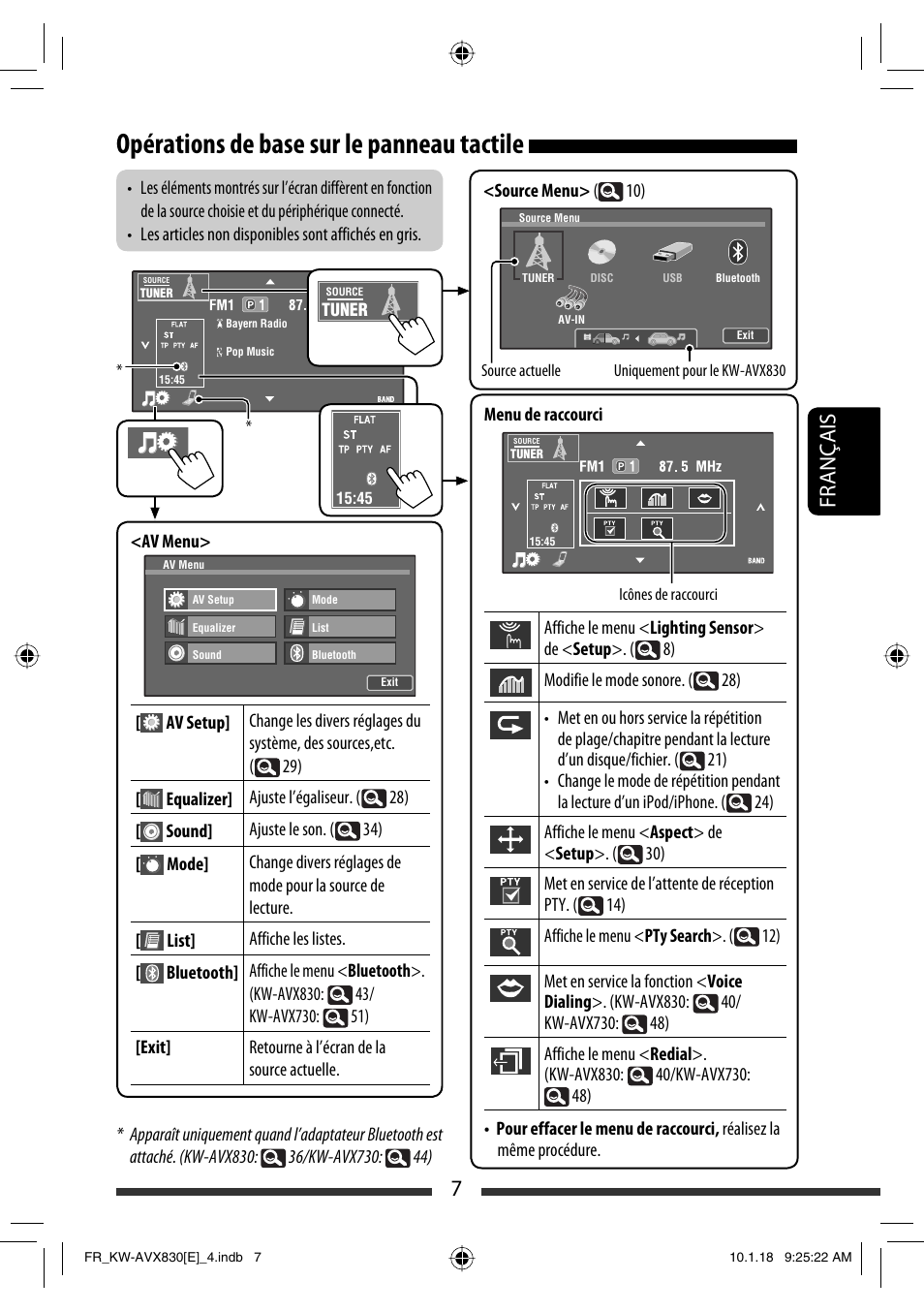 Opérations de base sur le panneau tactile, 7français | JVC KW-AVX830 User Manual | Page 143 / 279