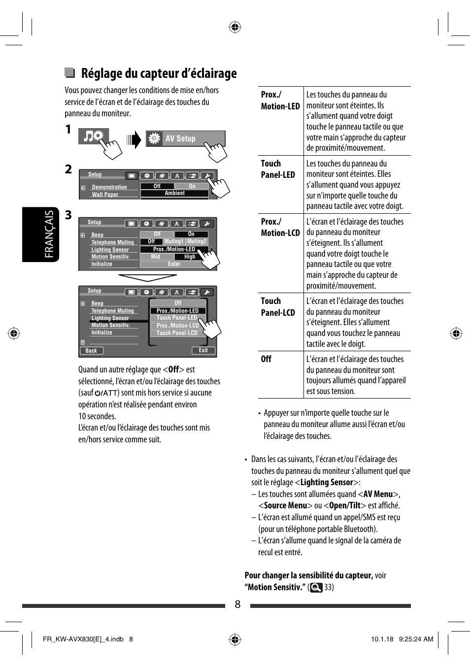 Réglage du capteur d’éclairage, 8français | JVC KW-AVX830 User Manual | Page 144 / 279
