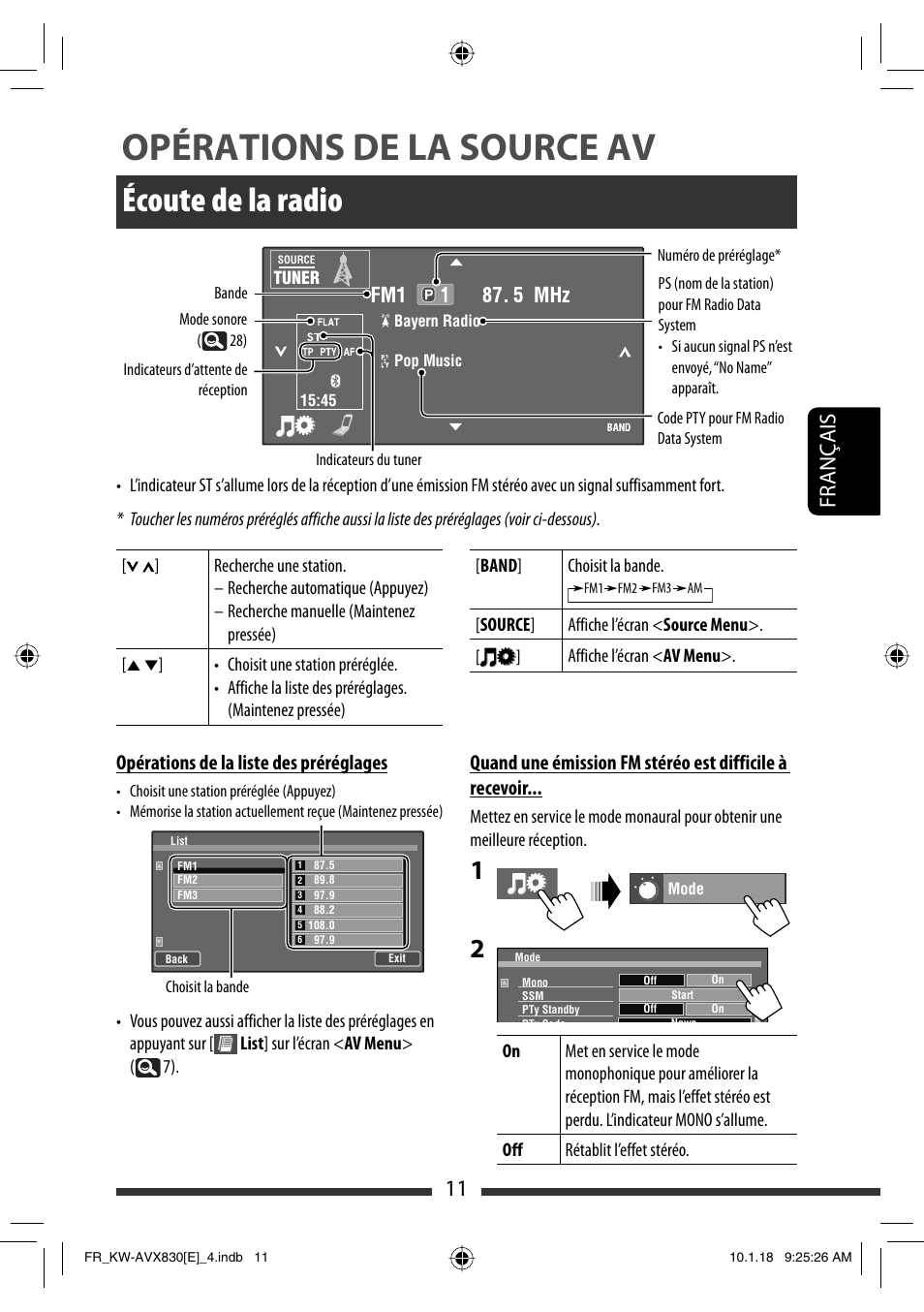 Opérations de la source av, Écoute de la radio, 11 français | Opérations de la liste des préréglages | JVC KW-AVX830 User Manual | Page 147 / 279