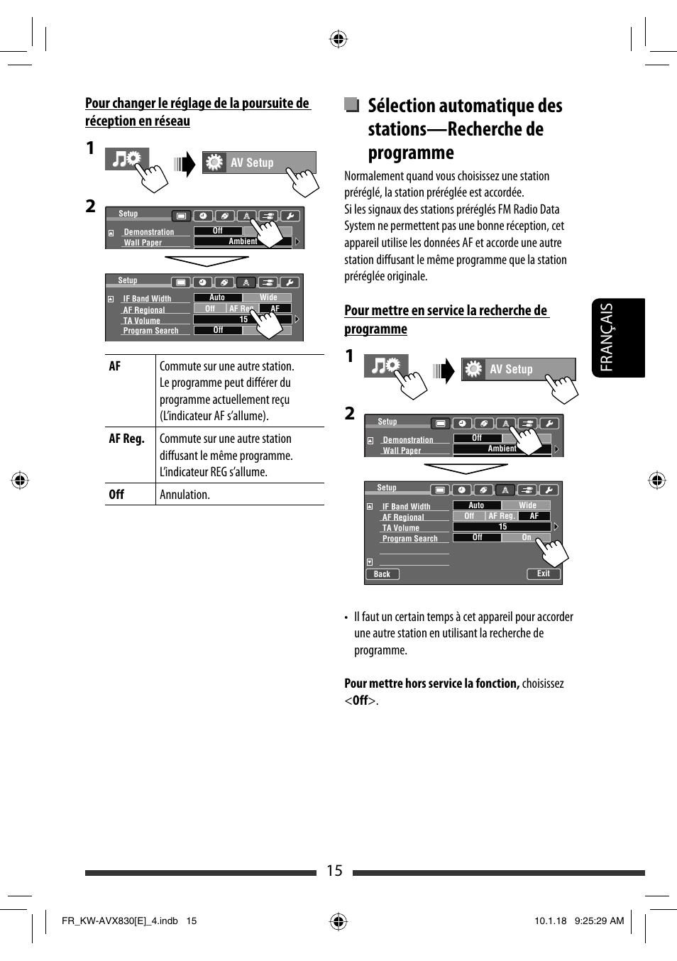 15 français, Pour mettre en service la recherche de programme | JVC KW-AVX830 User Manual | Page 151 / 279