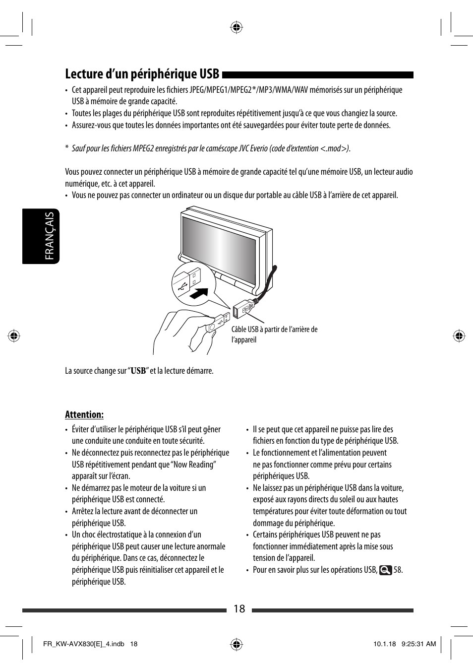 Lecture d’un périphérique usb, 18 français | JVC KW-AVX830 User Manual | Page 154 / 279