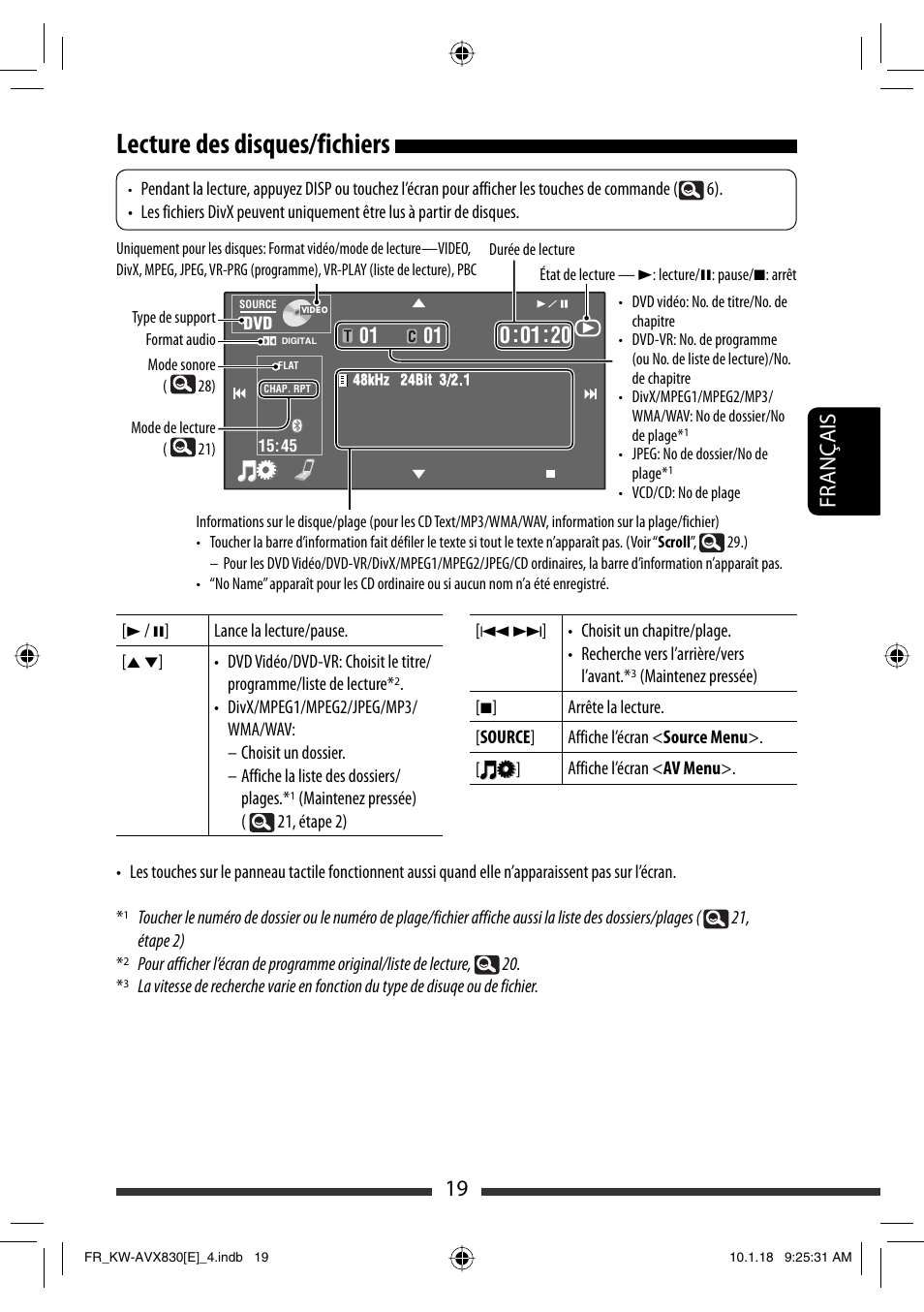 Lecture des disques/fichiers, 19 français | JVC KW-AVX830 User Manual | Page 155 / 279