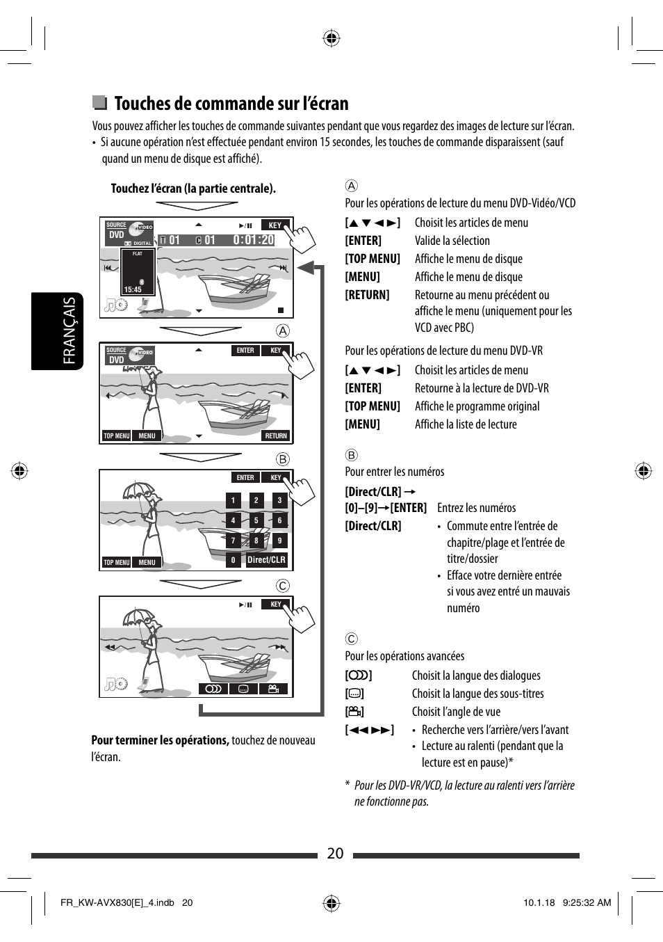 Touches de commande sur l’écran, 20 français | JVC KW-AVX830 User Manual | Page 156 / 279