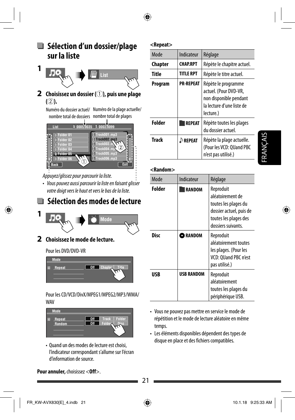 Sélection d’un dossier/plage sur la liste, Sélection des modes de lecture, 21 français | Choisissez un dossier ( 1 ), puis une plage ( 2 ), Choisissez le mode de lecture | JVC KW-AVX830 User Manual | Page 157 / 279