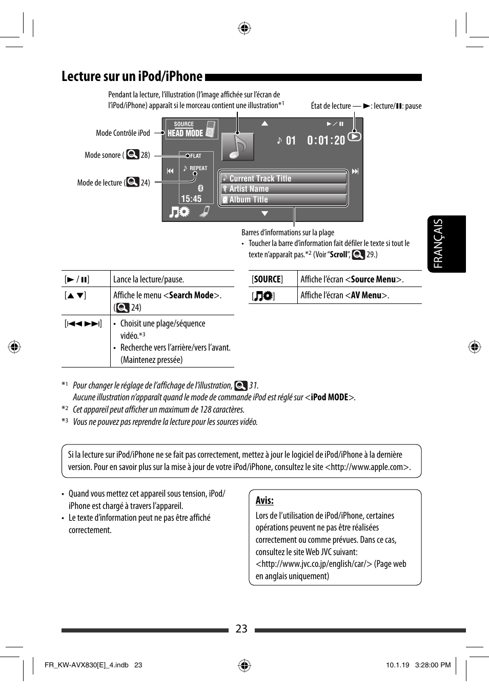 Lecture sur un ipod/iphone, 23 français, Avis | JVC KW-AVX830 User Manual | Page 159 / 279