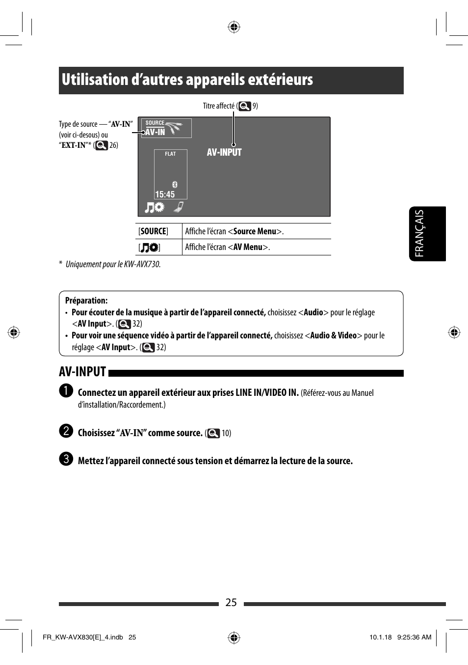 Utilisation d’autres appareils extérieurs, Av-input | JVC KW-AVX830 User Manual | Page 161 / 279