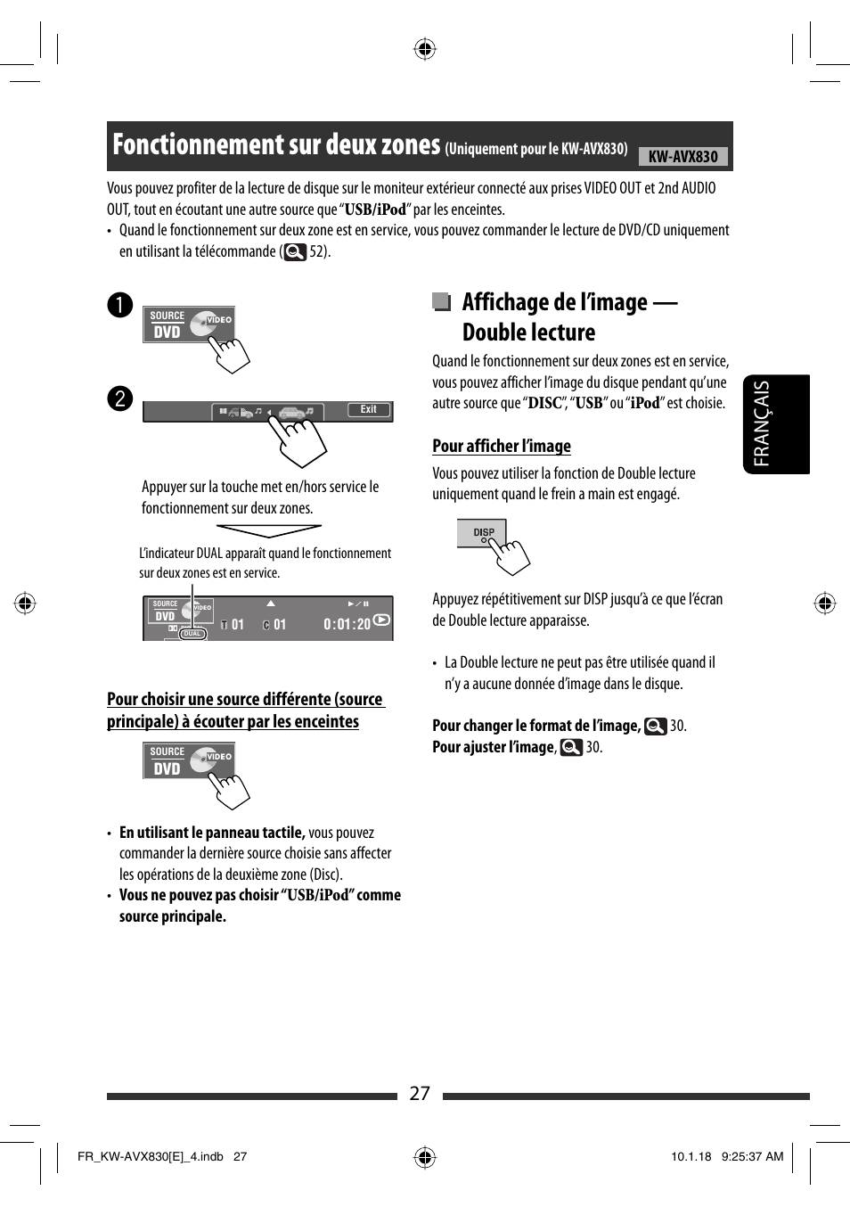 Fonctionnement sur deux zones, Affichage de l’image — double lecture, 27 français | JVC KW-AVX830 User Manual | Page 163 / 279