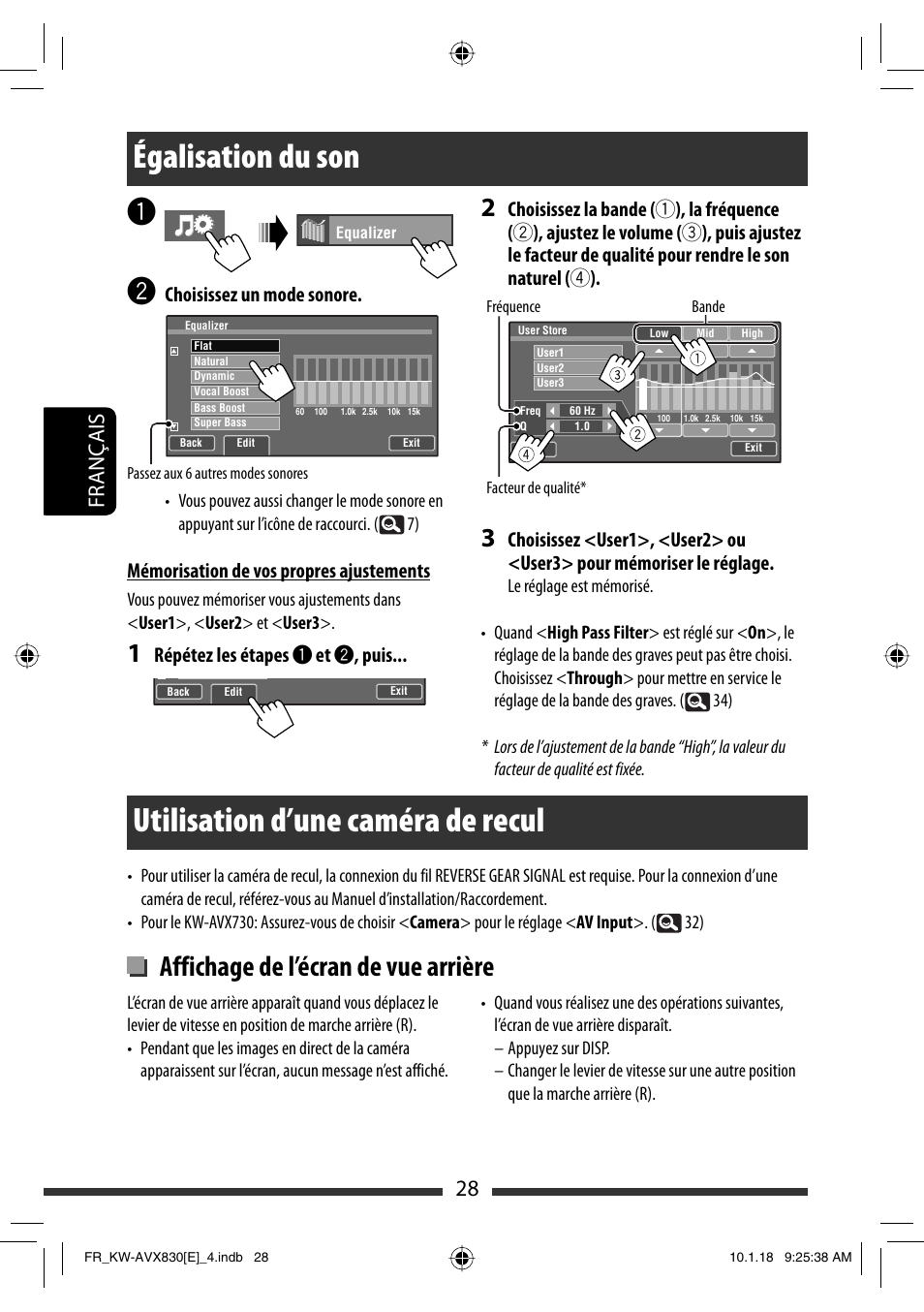 Égalisation du son, Utilisation d’une caméra de recul, Affichage de l’écran de vue arrière | 28 français, Choisissez un mode sonore, Mémorisation de vos propres ajustements, Répétez les étapes ~ et ÿ , puis | JVC KW-AVX830 User Manual | Page 164 / 279