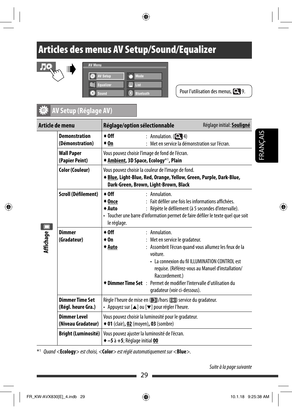 Articles des menus av setup/sound/equalizer, Av setup (réglage av), 29 français | JVC KW-AVX830 User Manual | Page 165 / 279