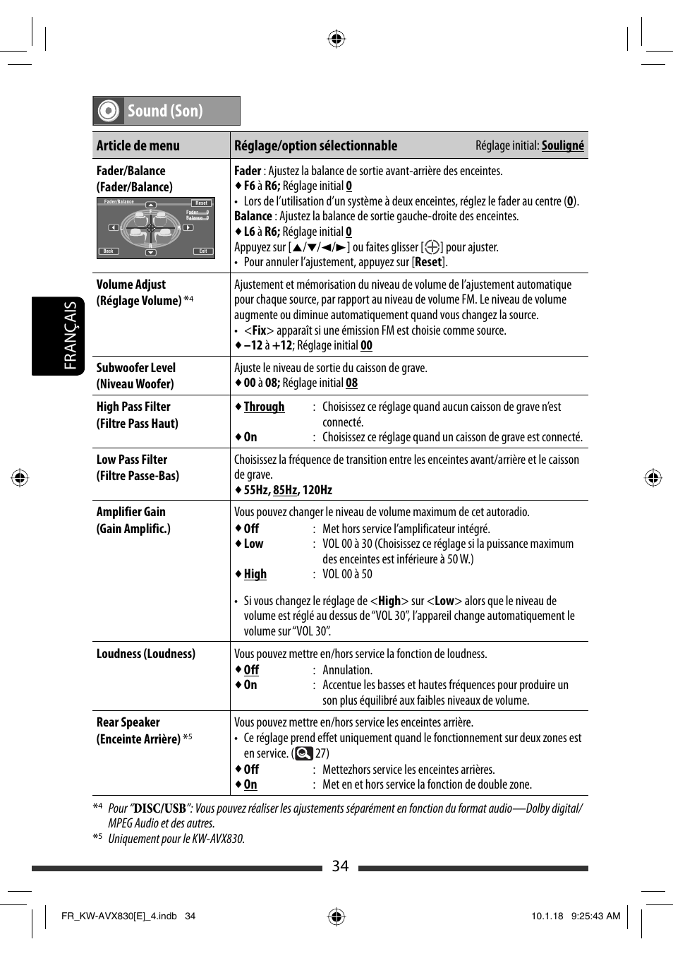 Sound (son), 34 français, Article de menu réglage/option sélectionnable | JVC KW-AVX830 User Manual | Page 170 / 279