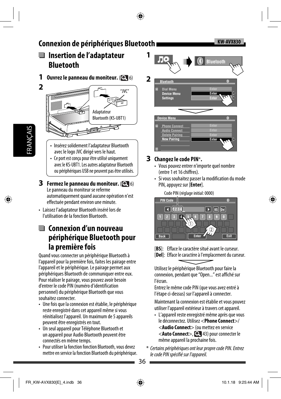 Insertion de l’adaptateur bluetooth, Connexion de périphériques bluetooth, 36 français | JVC KW-AVX830 User Manual | Page 172 / 279