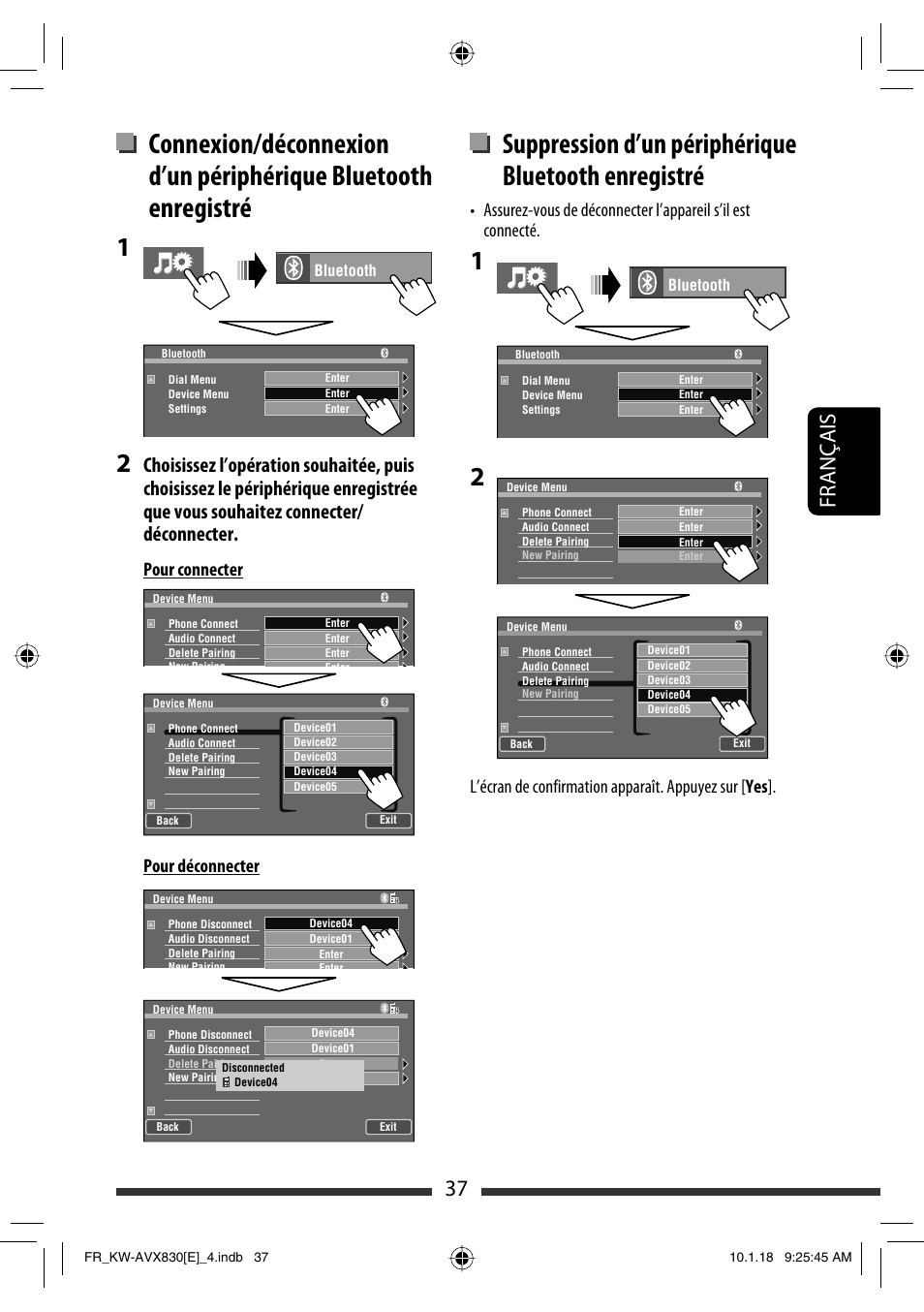 Suppression d’un périphérique bluetooth enregistré, 37 français, Pour connecter pour déconnecter | JVC KW-AVX830 User Manual | Page 173 / 279