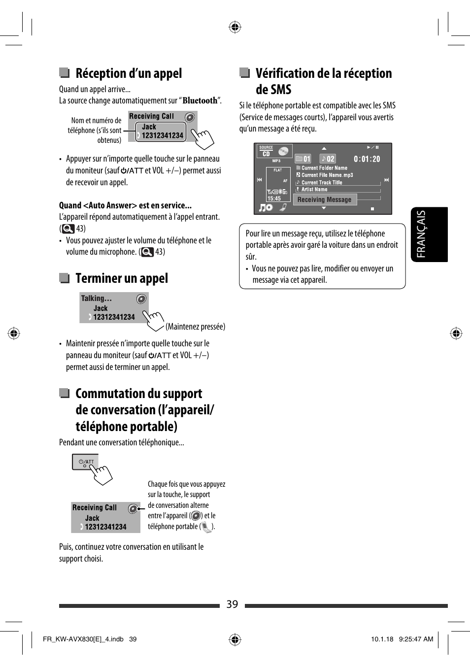 Vérification de la réception de sms, Réception d’un appel, Terminer un appel | 39 français | JVC KW-AVX830 User Manual | Page 175 / 279