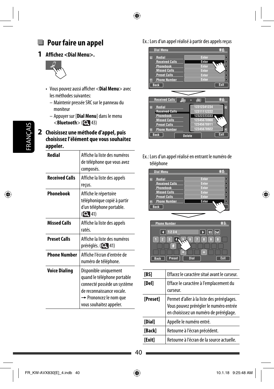 Pour faire un appel, 40 français, Affichez <dial menu | JVC KW-AVX830 User Manual | Page 176 / 279