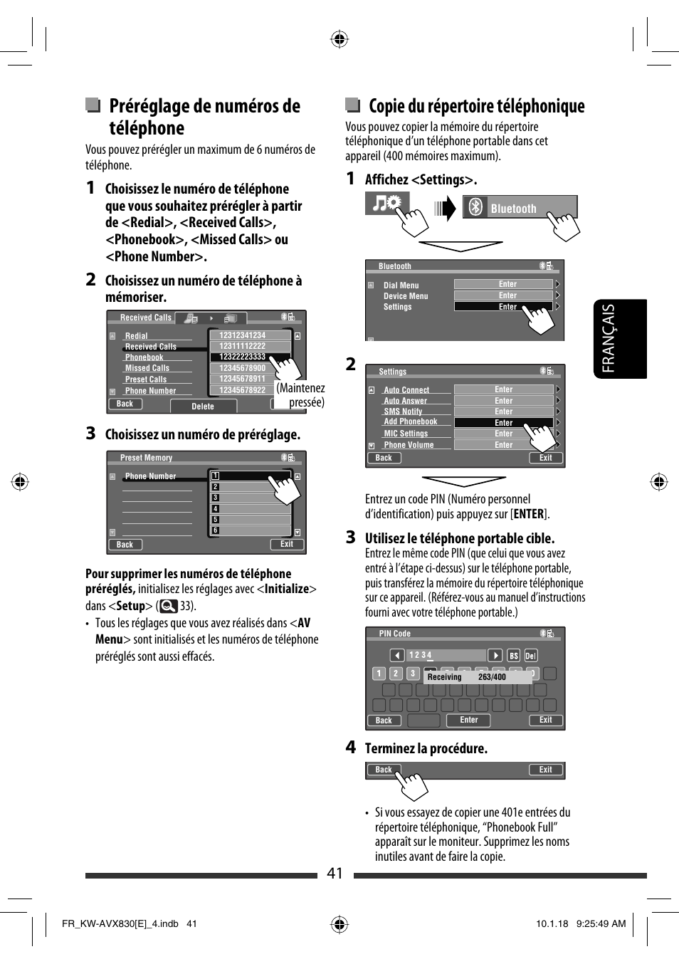 Préréglage de numéros de téléphone, Copie du répertoire téléphonique, 41 français | Choisissez un numéro de téléphone à mémoriser, Choisissez un numéro de préréglage, Affichez <settings, Utilisez le téléphone portable cible, Terminez la procédure | JVC KW-AVX830 User Manual | Page 177 / 279