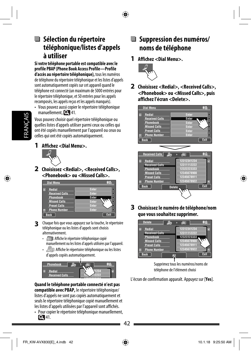 Suppression des numéros/ noms de téléphone, 42 français, Affichez <dial menu | JVC KW-AVX830 User Manual | Page 178 / 279
