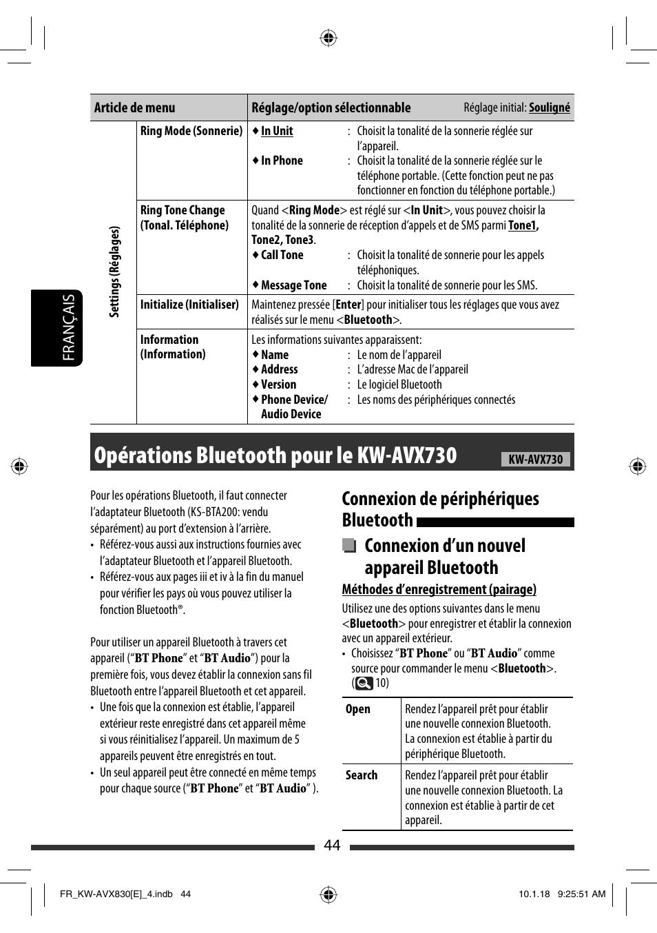 Opérations bluetooth pour le kw-avx730, 44 français | JVC KW-AVX830 User Manual | Page 180 / 279