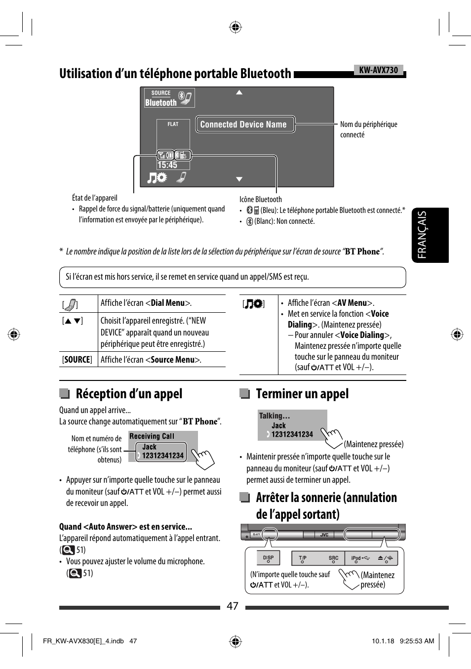 Utilisation d’un téléphone portable bluetooth, Réception d’un appel, Terminer un appel | 47 français | JVC KW-AVX830 User Manual | Page 183 / 279