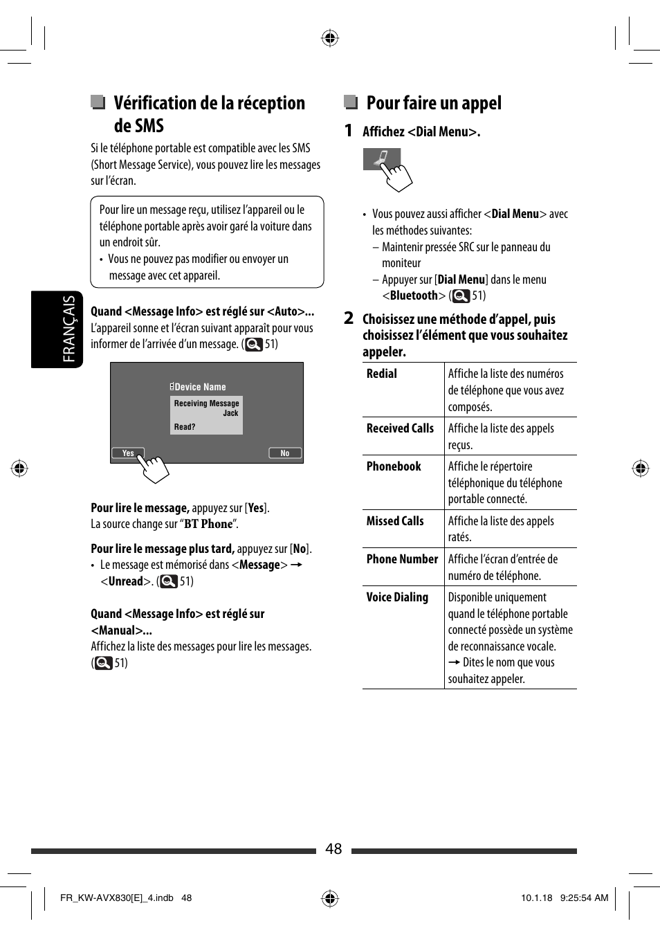 Pour faire un appel, Vérification de la réception de sms, 48 français | JVC KW-AVX830 User Manual | Page 184 / 279