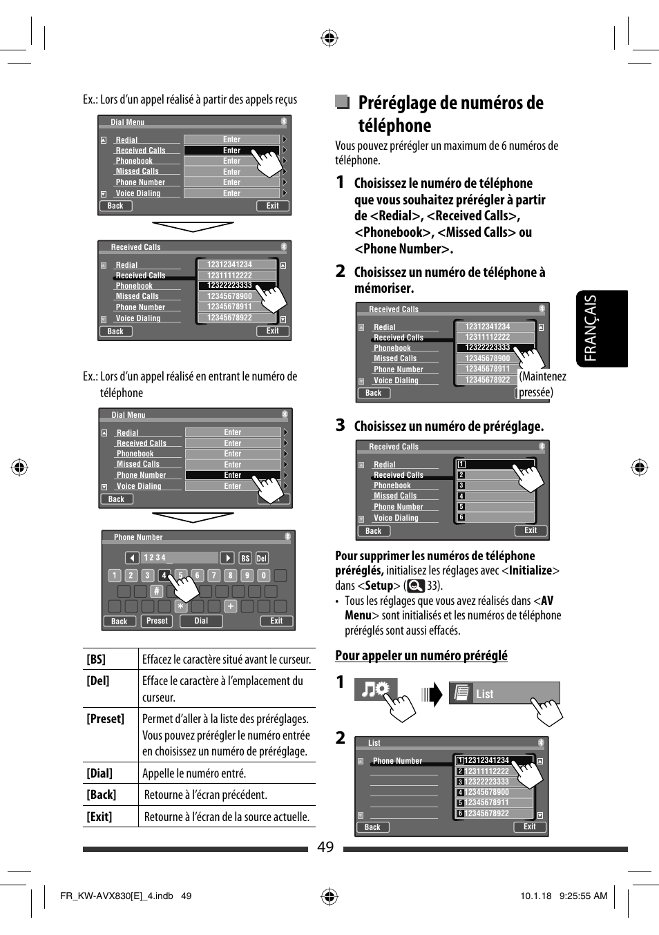 Préréglage de numéros de téléphone, 49 français, Choisissez un numéro de téléphone à mémoriser | Choisissez un numéro de préréglage, Pour appeler un numéro préréglé, Maintenez pressée) | JVC KW-AVX830 User Manual | Page 185 / 279