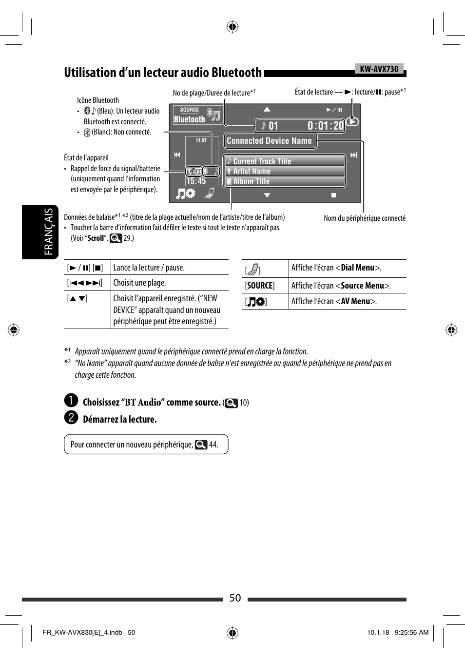 Utilisation d’un lecteur audio bluetooth, 50 français | JVC KW-AVX830 User Manual | Page 186 / 279