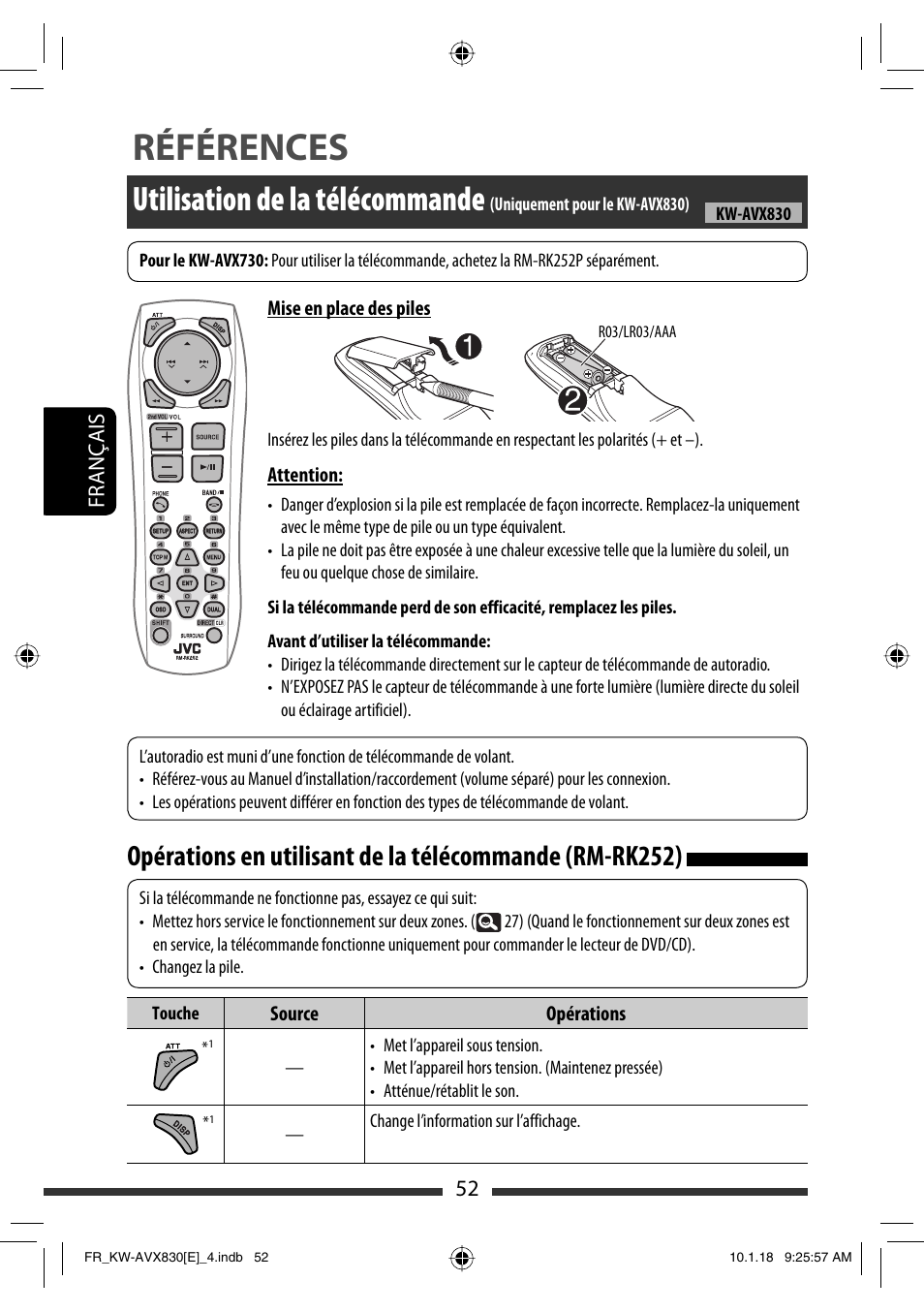 Références, Utilisation de la télécommande, 52 français | JVC KW-AVX830 User Manual | Page 188 / 279