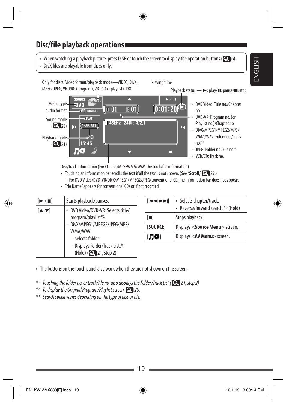 Disc/file playback operations, 19 english | JVC KW-AVX830 User Manual | Page 19 / 279