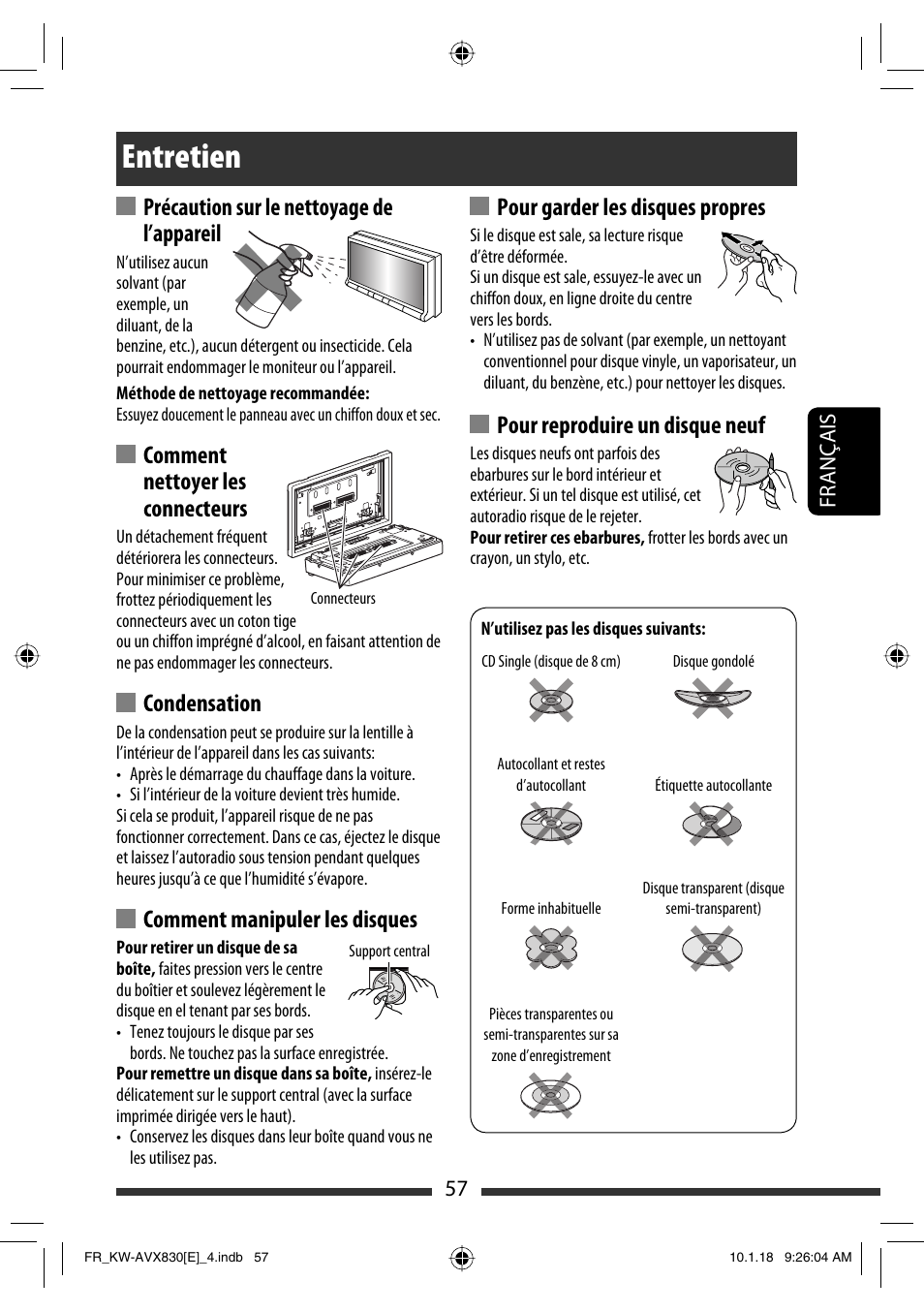 Entretien, Précaution sur le nettoyage de l’appareil, Comment nettoyer les connecteurs | Condensation, Comment manipuler les disques, Pour garder les disques propres, Pour reproduire un disque neuf | JVC KW-AVX830 User Manual | Page 193 / 279
