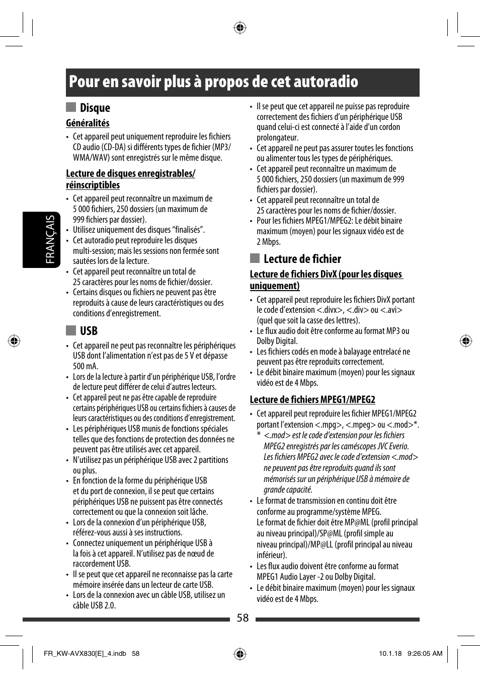 Pour en savoir plus à propos de cet autoradio, Lecture de fichier, Disque | 58 français | JVC KW-AVX830 User Manual | Page 194 / 279