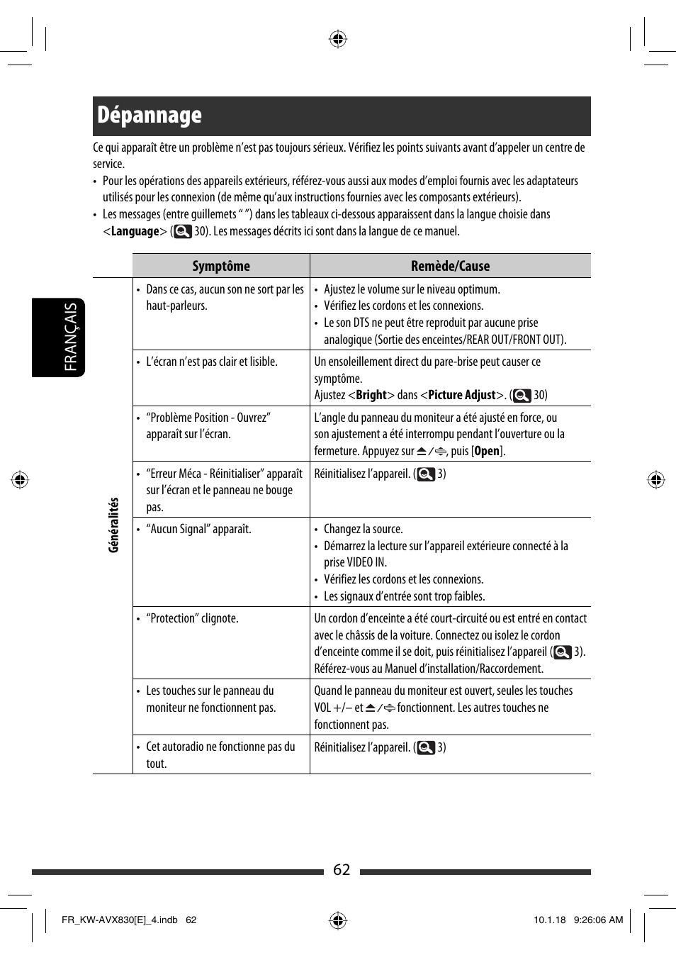 Dépannage, 62 français | JVC KW-AVX830 User Manual | Page 198 / 279