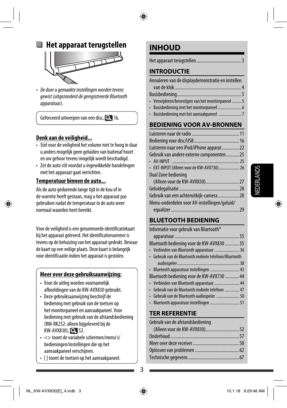 Het apparaat terugstellen, Inhoud, 3nederlands | JVC KW-AVX830 User Manual | Page 207 / 279