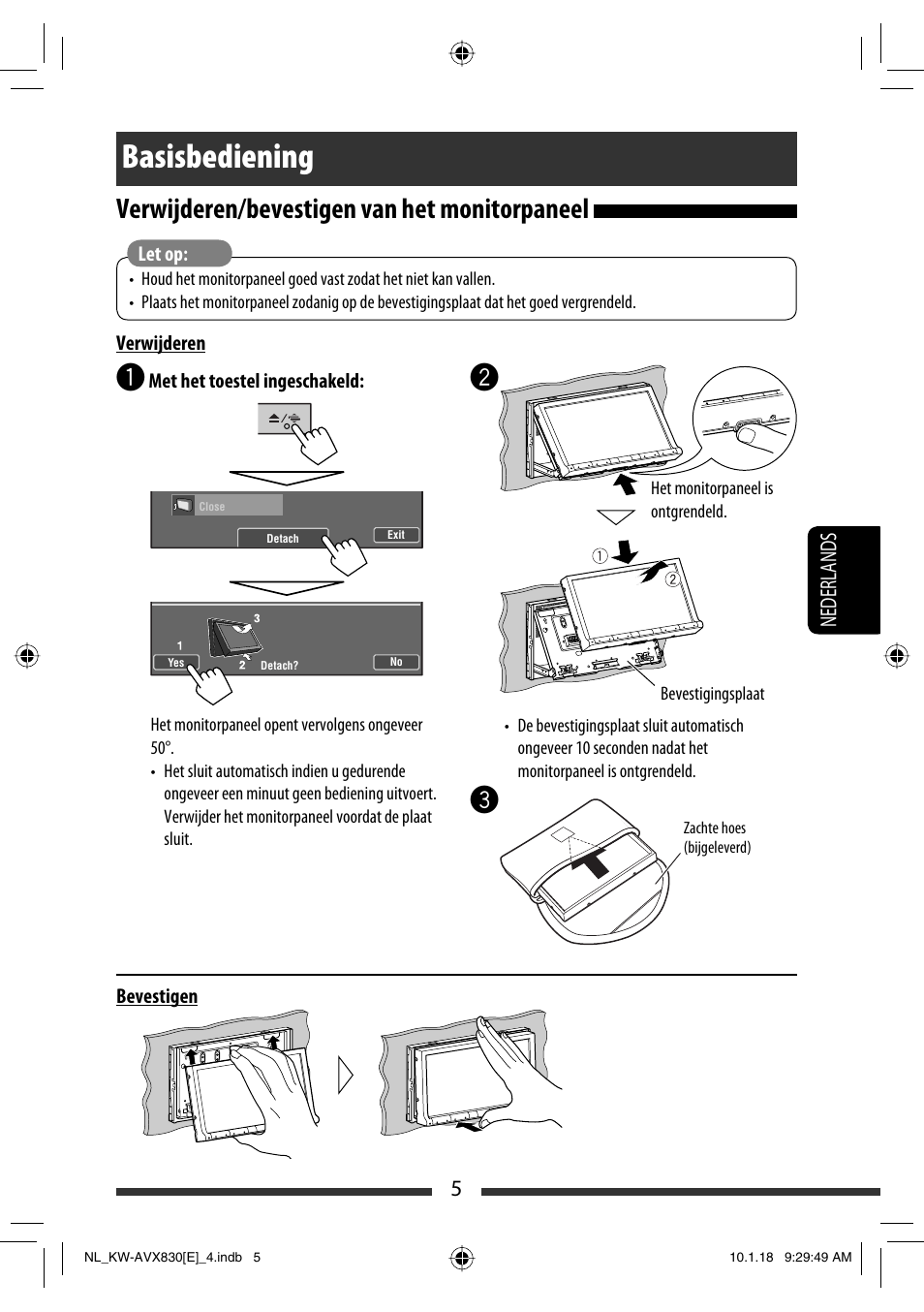 Basisbediening, Verwijderen/bevestigen van het monitorpaneel, 5nederlands | JVC KW-AVX830 User Manual | Page 209 / 279