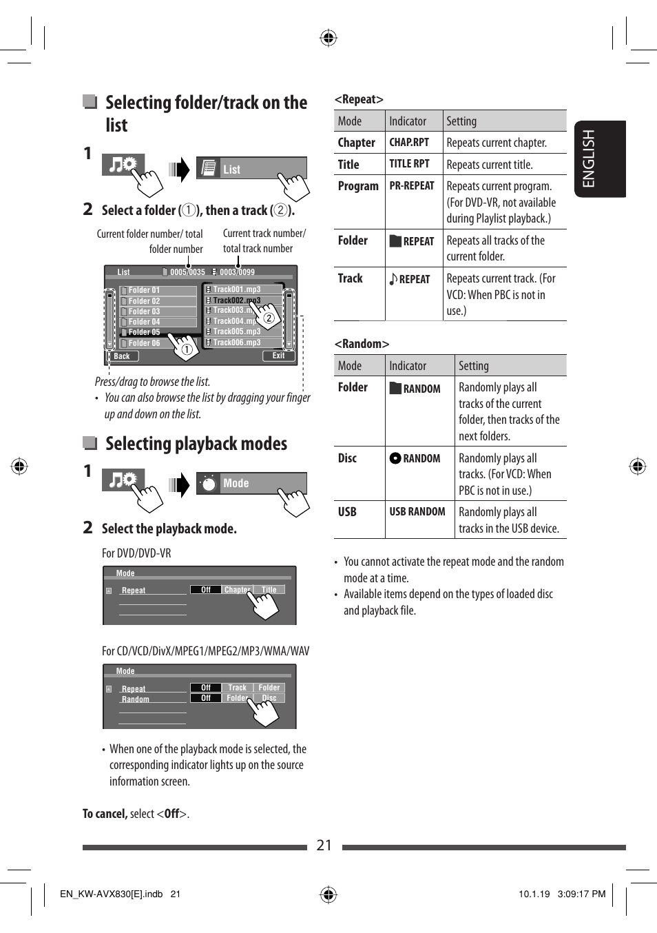 Selecting folder/track on the list, Selecting playback modes, 21 english | Select a folder ( 1 ), then a track ( 2 ), Select the playback mode | JVC KW-AVX830 User Manual | Page 21 / 279