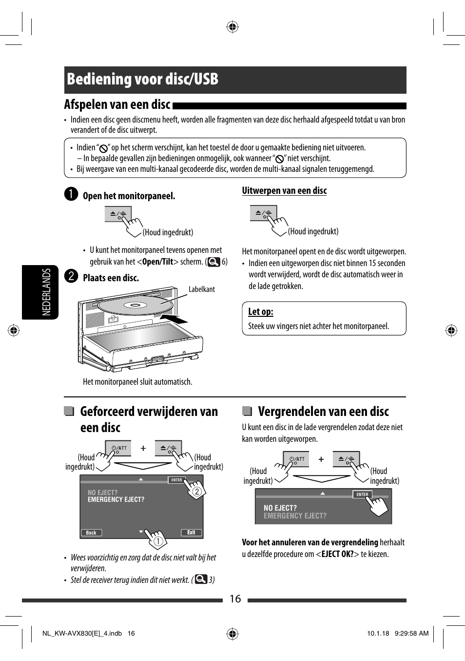 Bediening voor disc/usb, Afspelen van een disc, Geforceerd verwijderen van een disc | Vergrendelen van een disc, 16 nederlands | JVC KW-AVX830 User Manual | Page 220 / 279