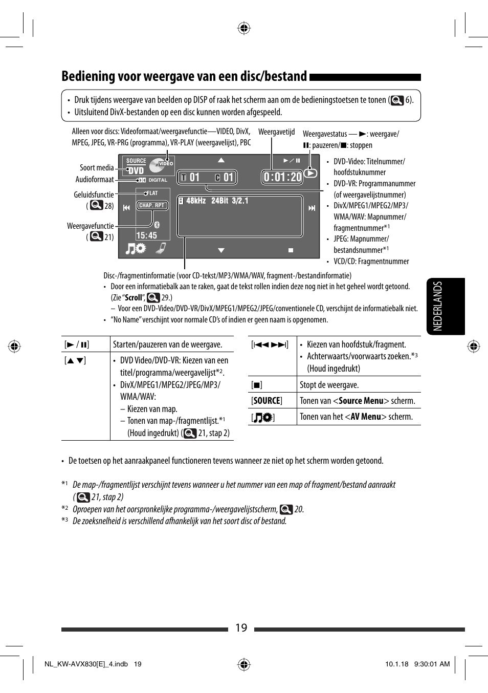 Bediening voor weergave van een disc/bestand, 19 nederlands | JVC KW-AVX830 User Manual | Page 223 / 279